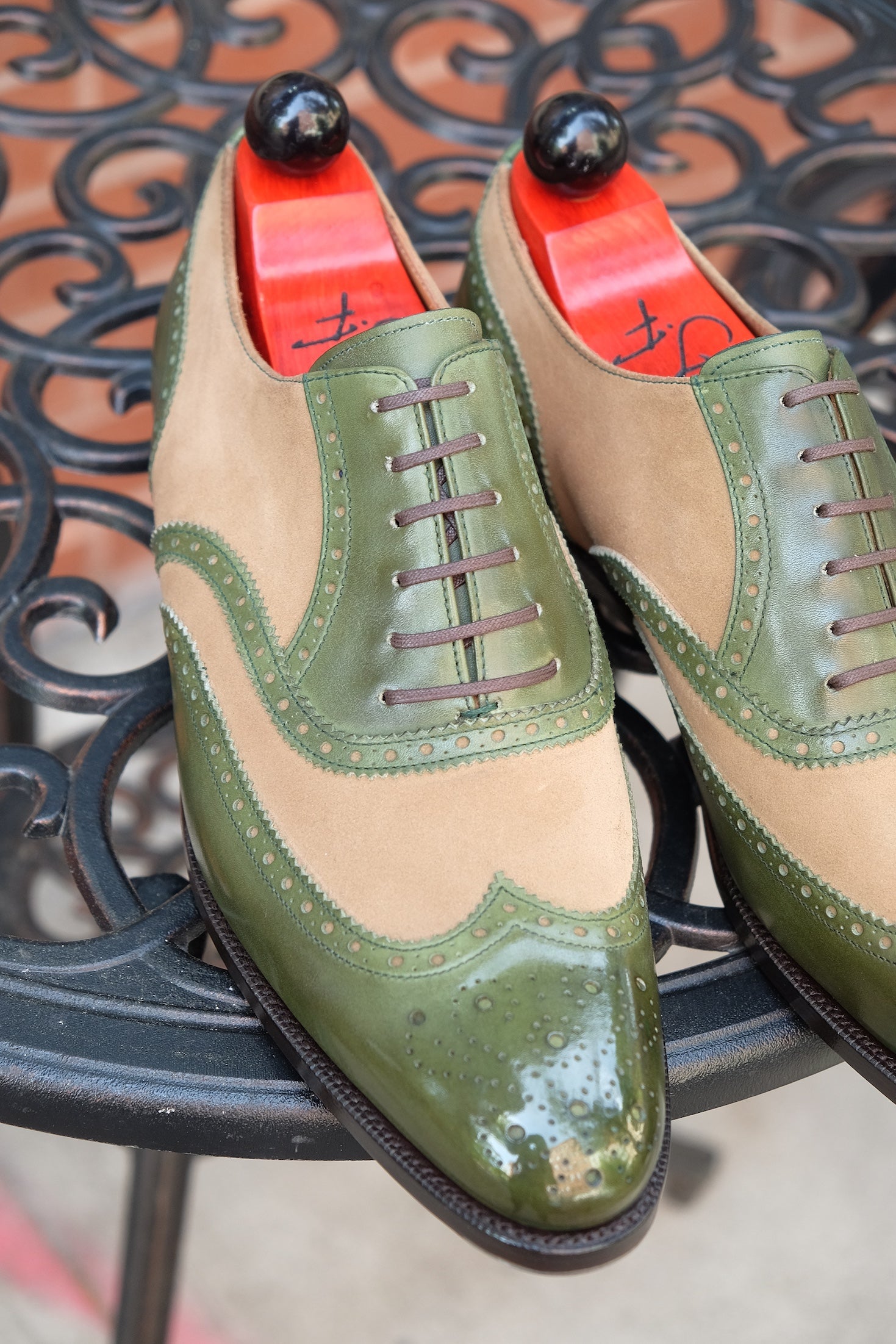 Kitsap - MTO - Avocado Calf / Oatmeal Suede - TMG Last - Single Leather Sole - Heart Medallion-Made To Order Wingtip Brogue Oxfords Spectator-J.FitzPatrick Footwear