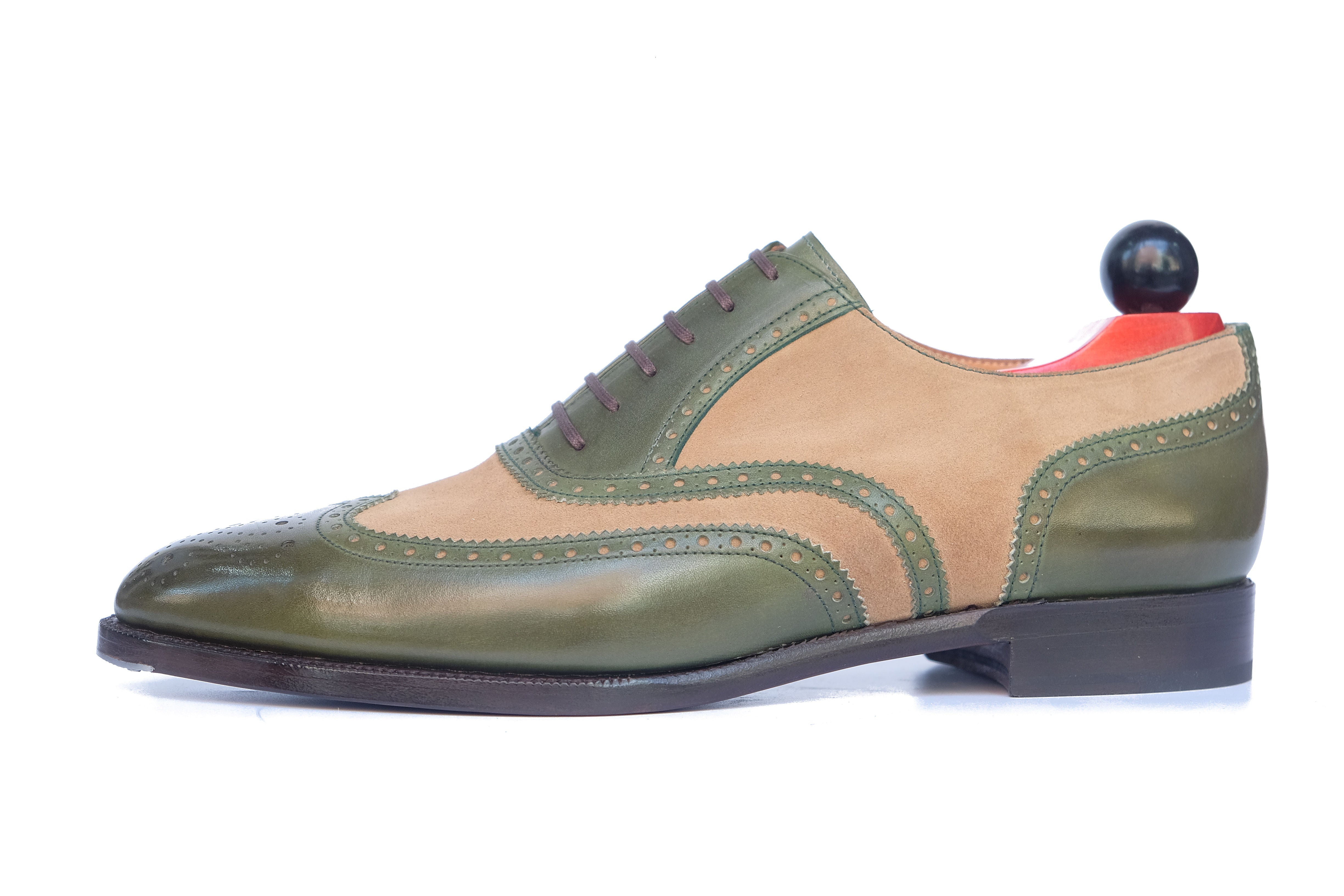 Kitsap - MTO - Avocado Calf / Oatmeal Suede - TMG Last - Single Leather Sole - Heart Medallion-Made To Order Wingtip Brogue Oxfords Spectator-J.FitzPatrick Footwear
