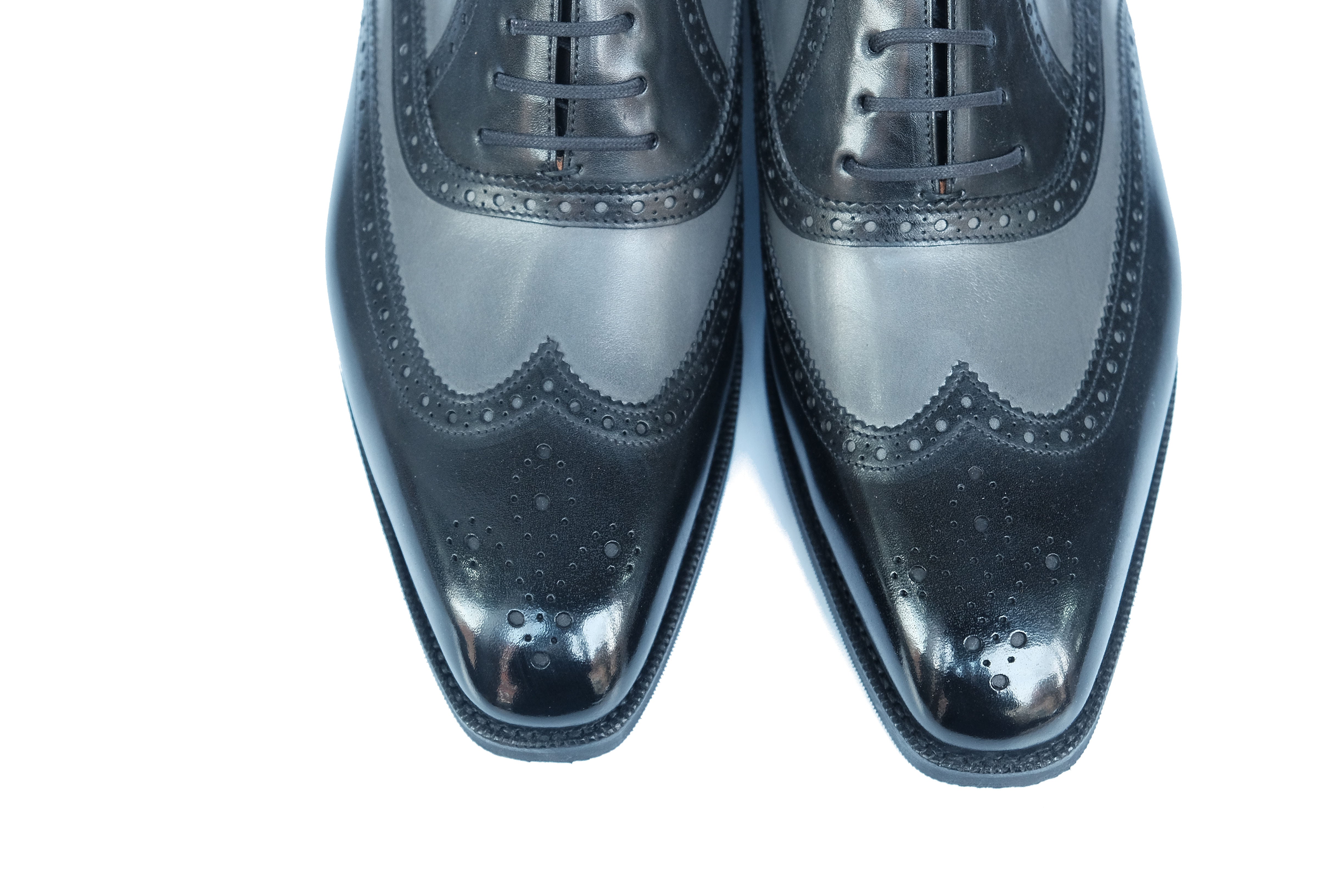 Kitsap - MTO - Black Calf / Grey Calf - LPB Last - City Rubber Sole - Fleur De Lys Medallion-Made To Order Wingtip Brogue Oxfords Spectator-J.FitzPatrick Footwear