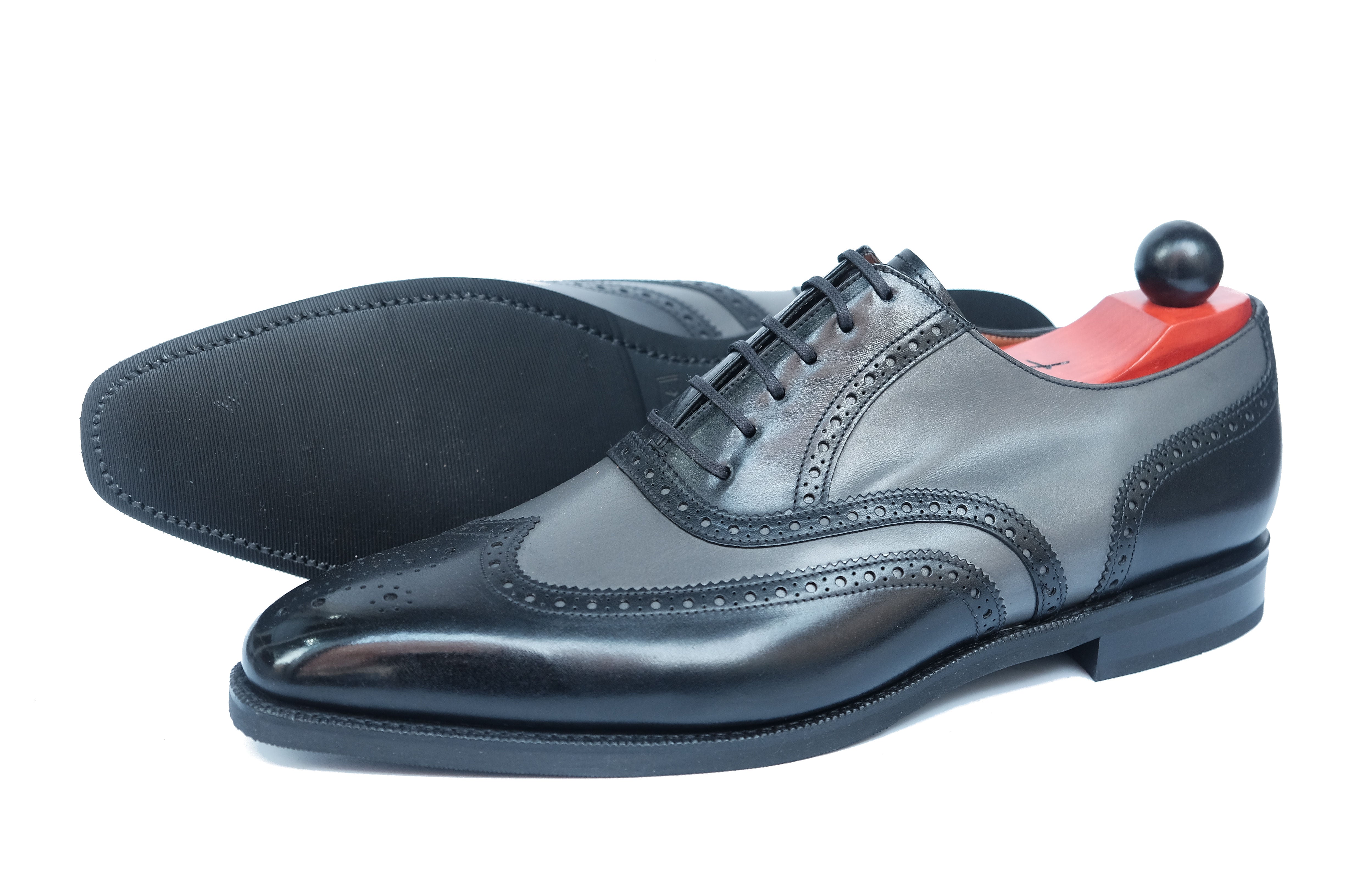 Kitsap - MTO - Black Calf / Grey Calf - LPB Last - City Rubber Sole - Fleur De Lys Medallion-Made To Order Wingtip Brogue Oxfords Spectator-J.FitzPatrick Footwear
