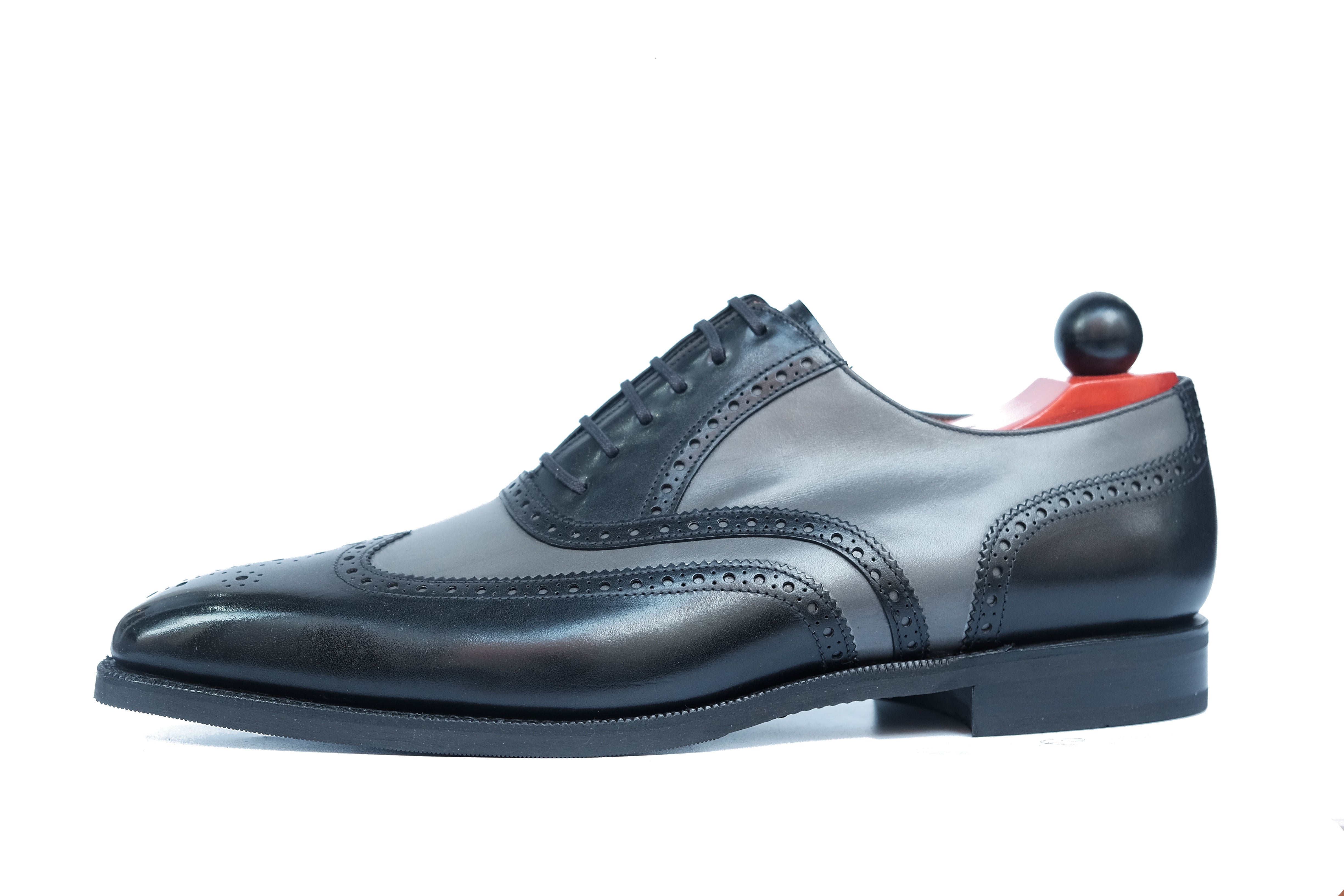 Kitsap - MTO - Black Calf / Grey Calf - LPB Last - City Rubber Sole - Fleur De Lys Medallion-Made To Order Wingtip Brogue Oxfords Spectator-J.FitzPatrick Footwear