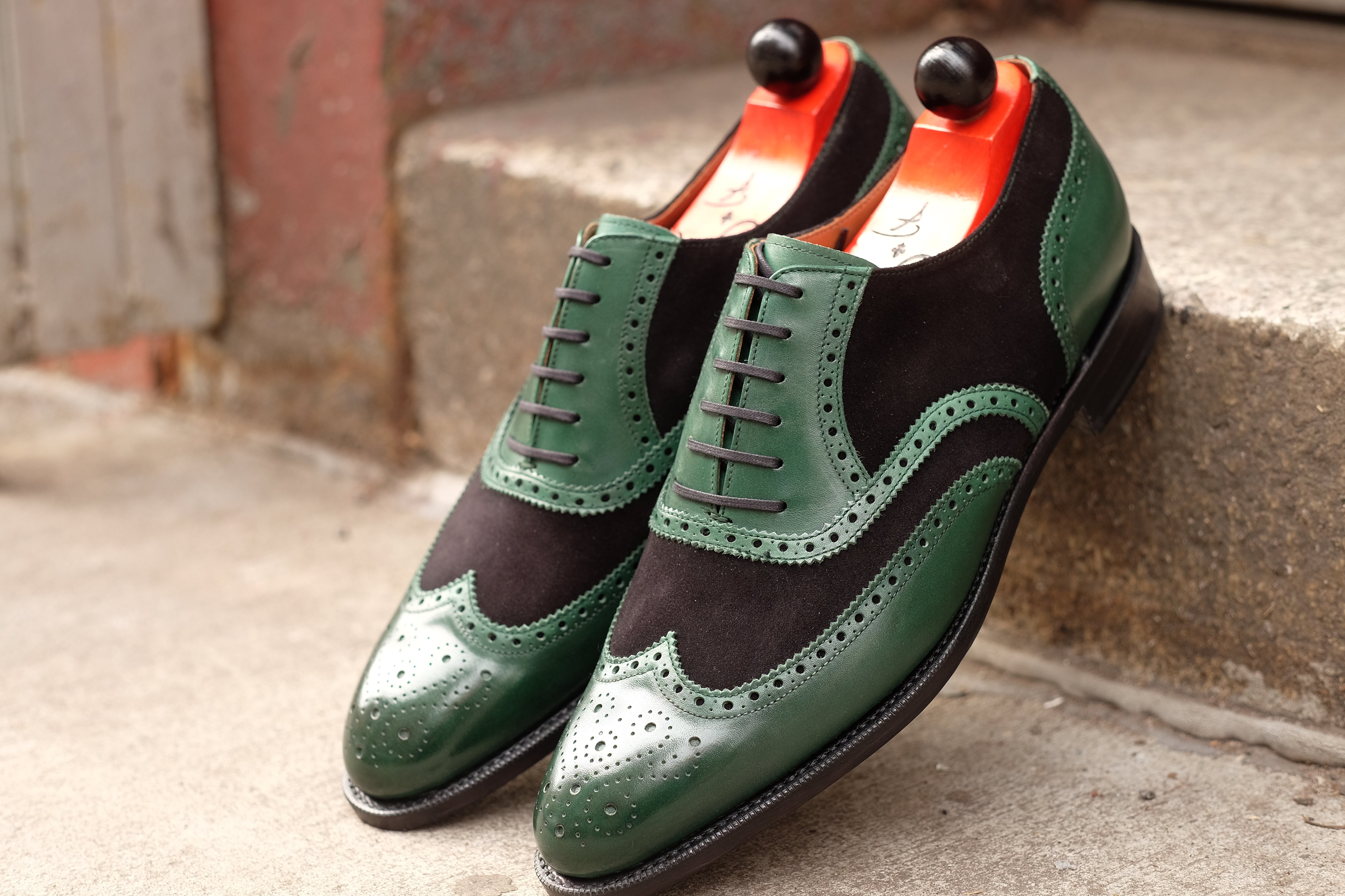 Kitsap - MTO - Forest Green Calf / Black Suede - TMG Last - Single Leather Sole - Heart Medallion-Made To Order Wingtip Brogue Oxfords Spectator-J.FitzPatrick Footwear