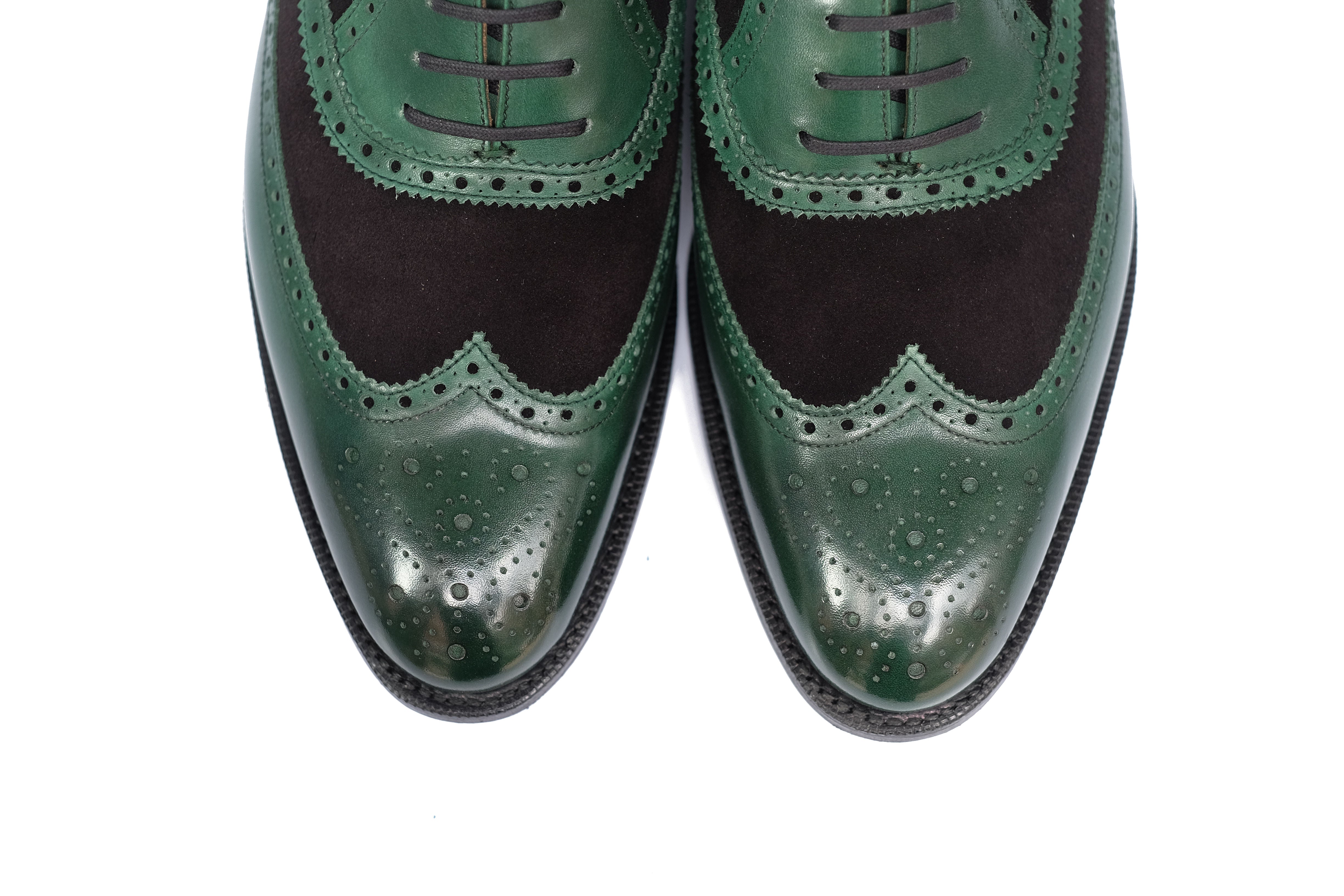 Kitsap - MTO - Forest Green Calf / Black Suede - TMG Last - Single Leather Sole - Heart Medallion-Made To Order Wingtip Brogue Oxfords Spectator-J.FitzPatrick Footwear