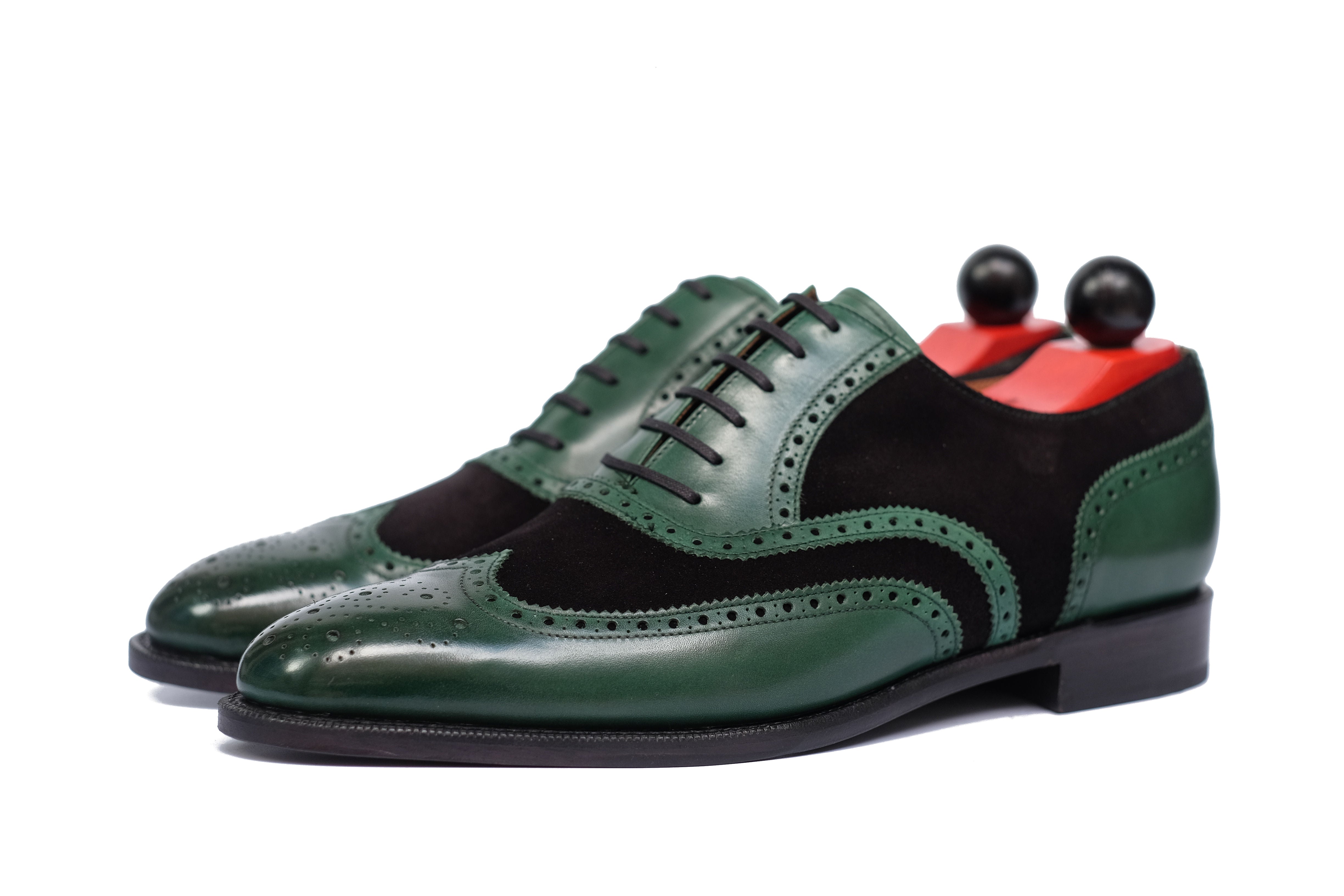 Kitsap - MTO - Forest Green Calf / Black Suede - TMG Last - Single Leather Sole - Heart Medallion-Made To Order Wingtip Brogue Oxfords Spectator-J.FitzPatrick Footwear