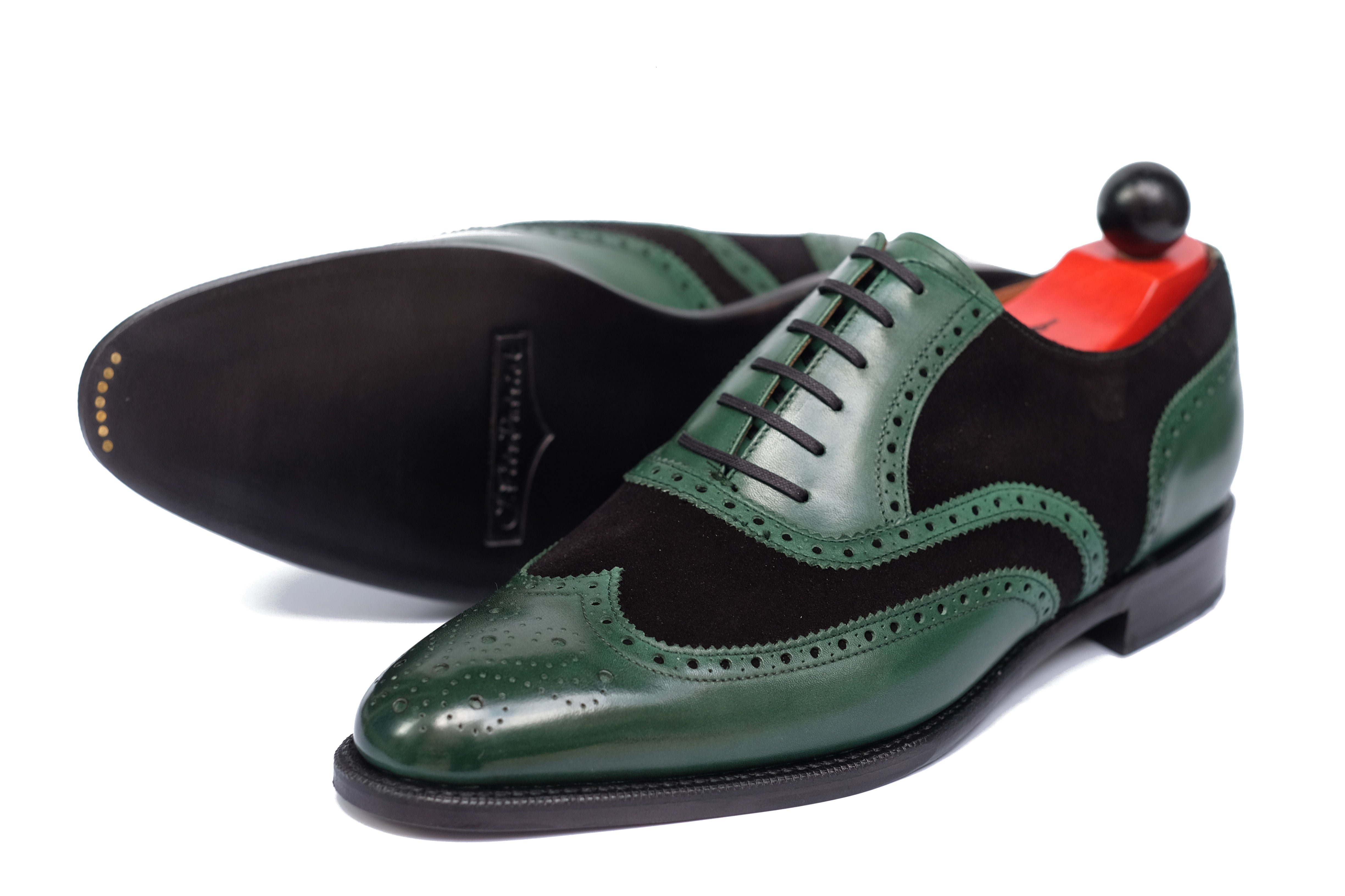 Kitsap - MTO - Forest Green Calf / Black Suede - TMG Last - Single Leather Sole - Heart Medallion-Made To Order Wingtip Brogue Oxfords Spectator-J.FitzPatrick Footwear