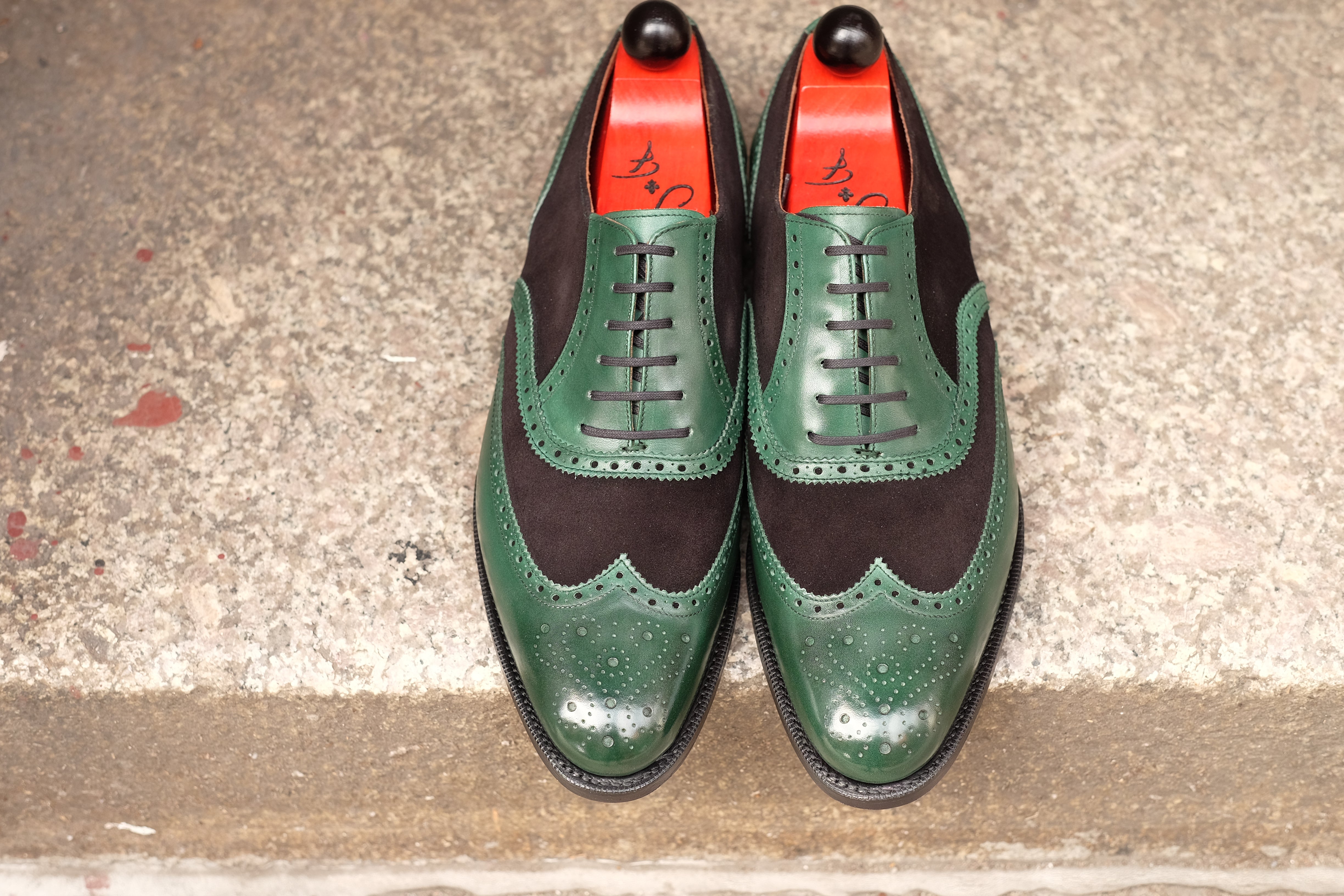 Kitsap - MTO - Forest Green Calf / Black Suede - TMG Last - Single Leather Sole - Heart Medallion-Made To Order Wingtip Brogue Oxfords Spectator-J.FitzPatrick Footwear