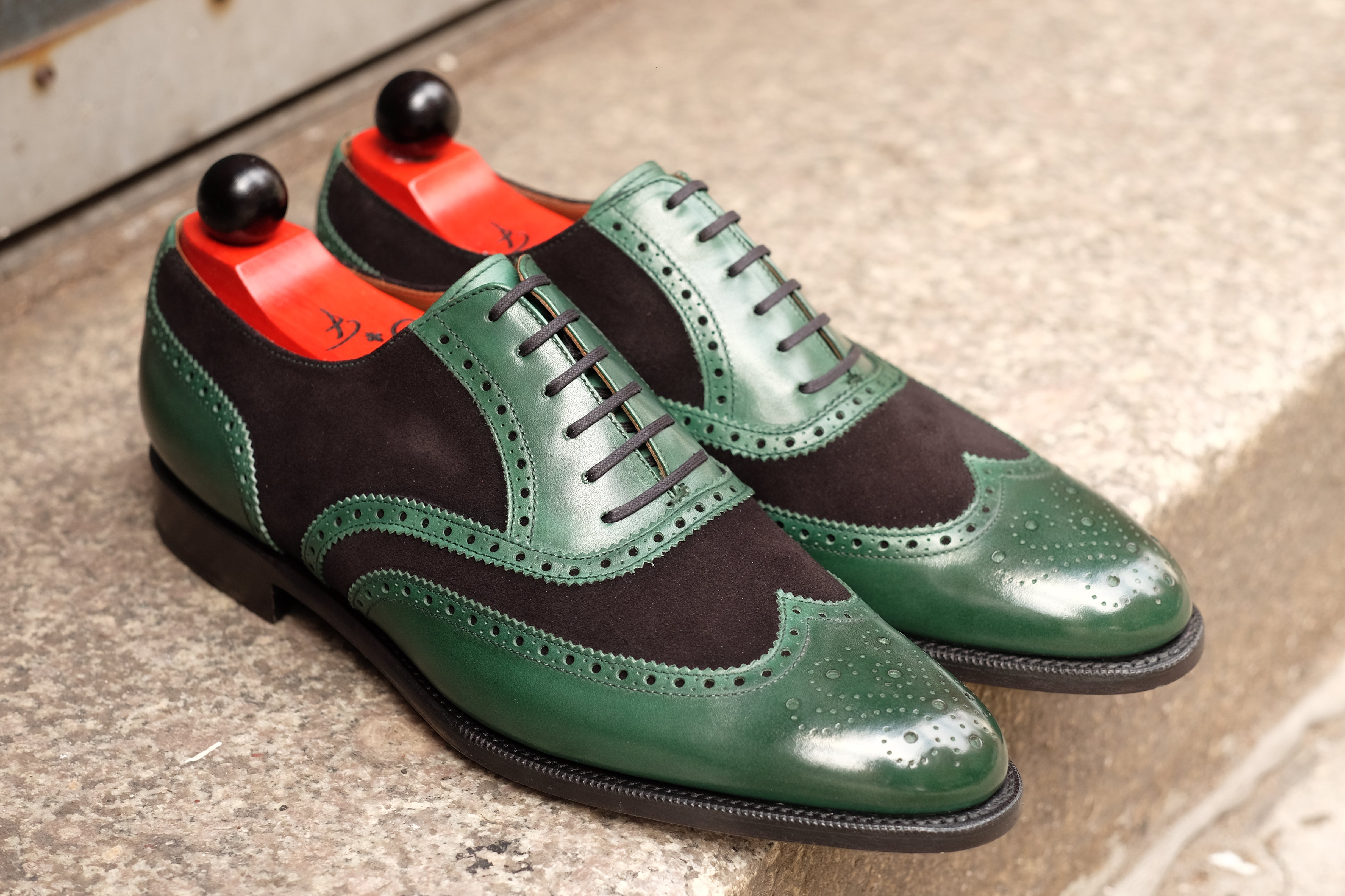 Kitsap - MTO - Forest Green Calf / Black Suede - TMG Last - Single Leather Sole - Heart Medallion-Made To Order Wingtip Brogue Oxfords Spectator-J.FitzPatrick Footwear