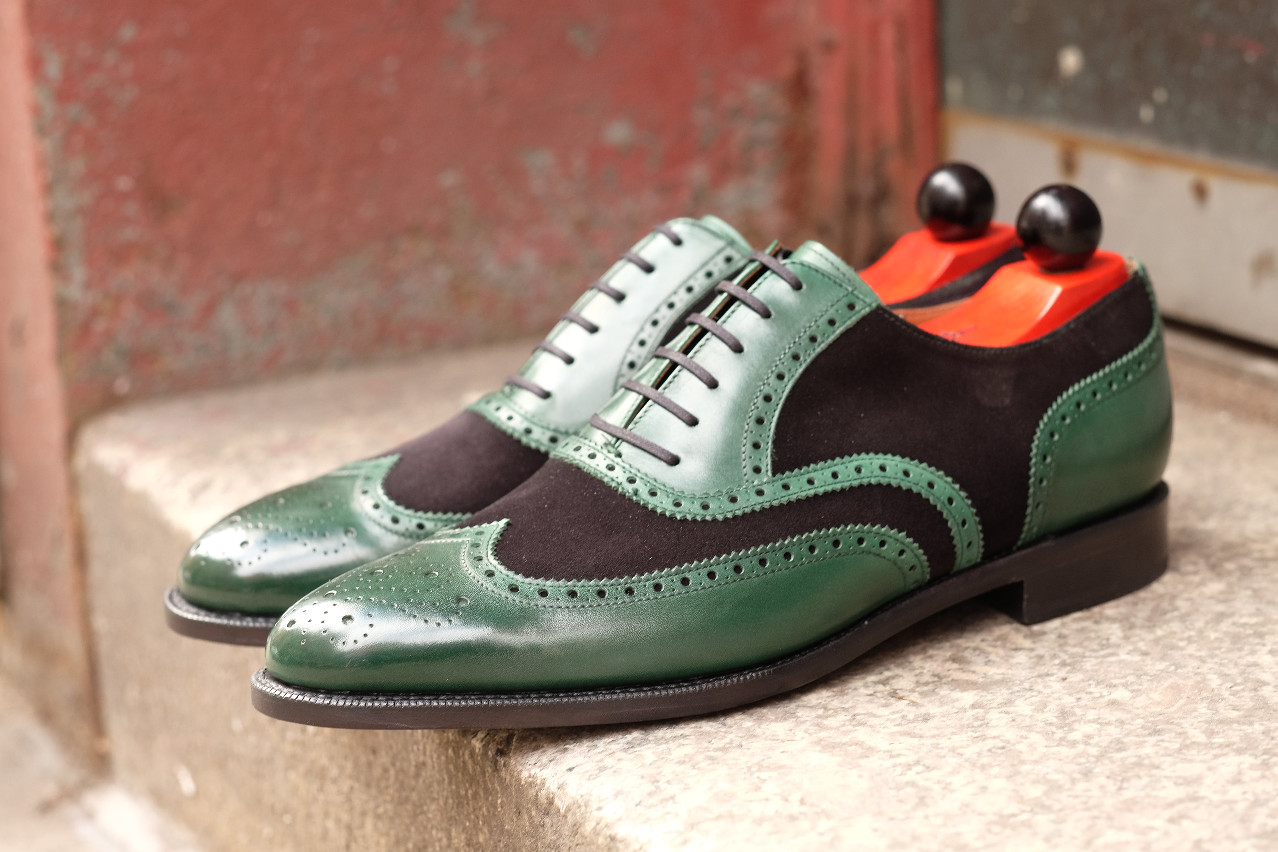 Kitsap - MTO - Forest Green Calf / Black Suede - TMG Last - Single Leather Sole - Heart Medallion-Made To Order Wingtip Brogue Oxfords Spectator-J.FitzPatrick Footwear