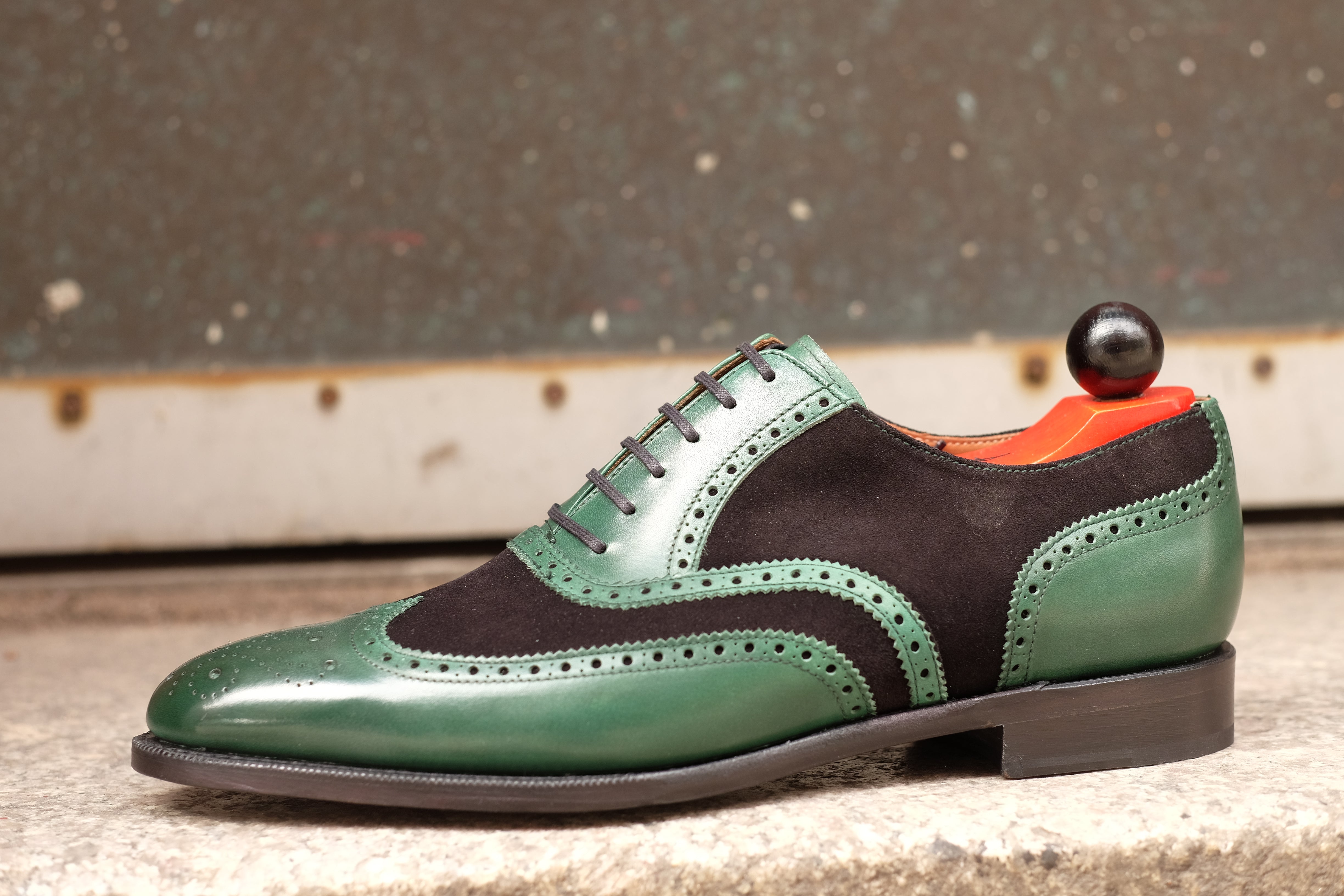 Kitsap - MTO - Forest Green Calf / Black Suede - TMG Last - Single Leather Sole - Heart Medallion-Made To Order Wingtip Brogue Oxfords Spectator-J.FitzPatrick Footwear