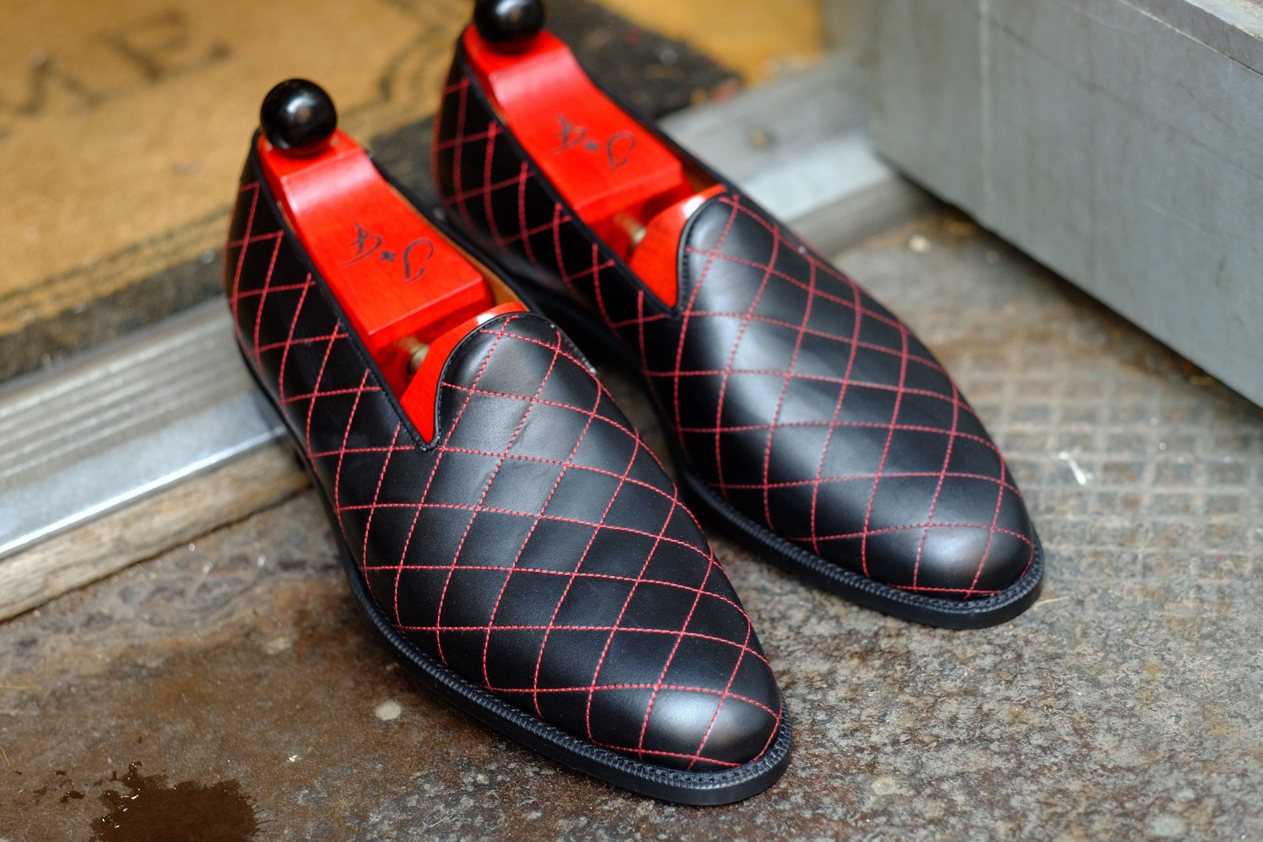 Laurelhurst II - MTO - Quilted Black Calf / Red Stitching - TMG Last - Single Leather Sole-Made To Order Slipper Loafer Quilted Leather-J.FitzPatrick Footwear