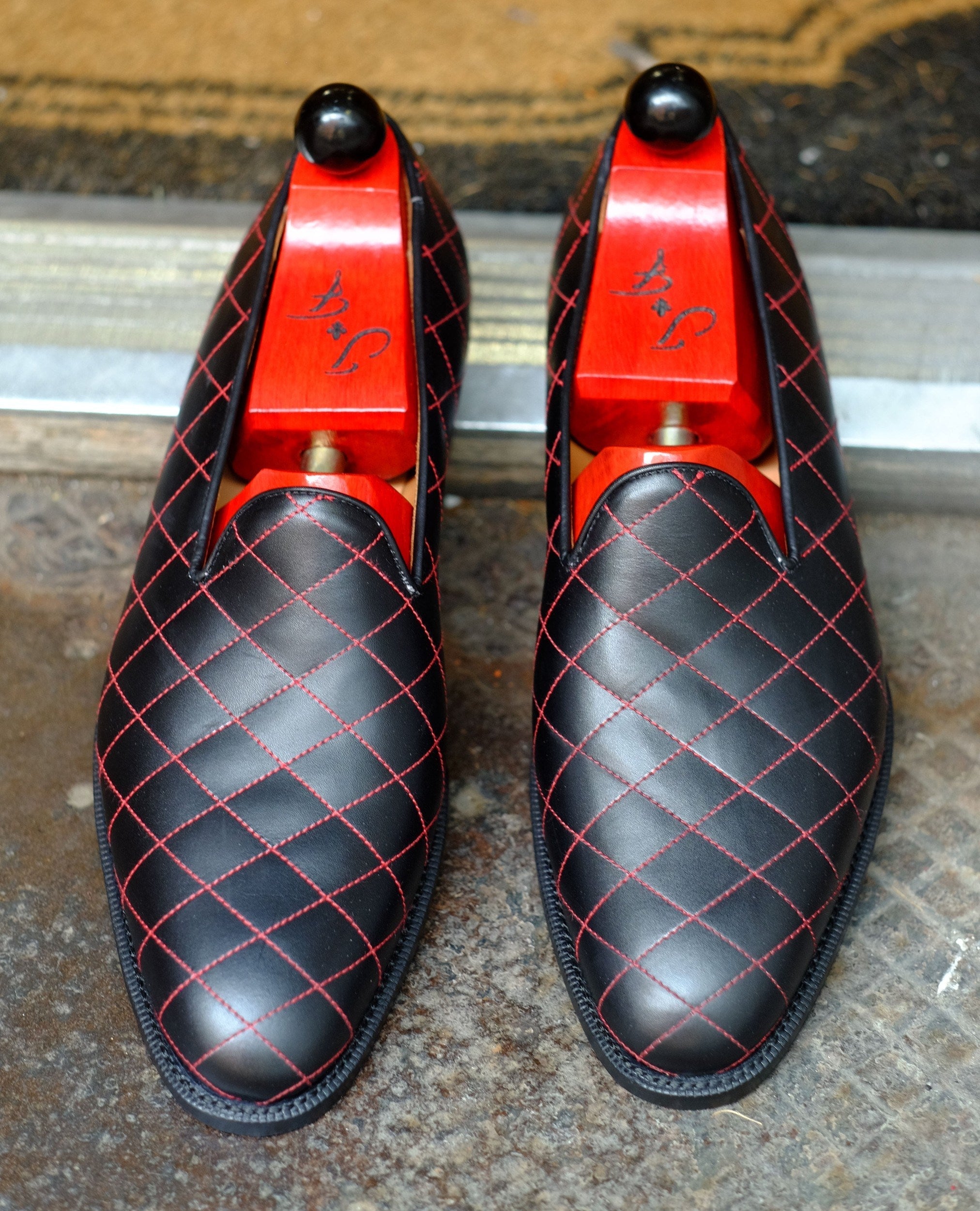 Laurelhurst II - MTO - Quilted Black Calf / Red Stitching - TMG Last - Single Leather Sole-Made To Order Slipper Loafer Quilted Leather-J.FitzPatrick Footwear