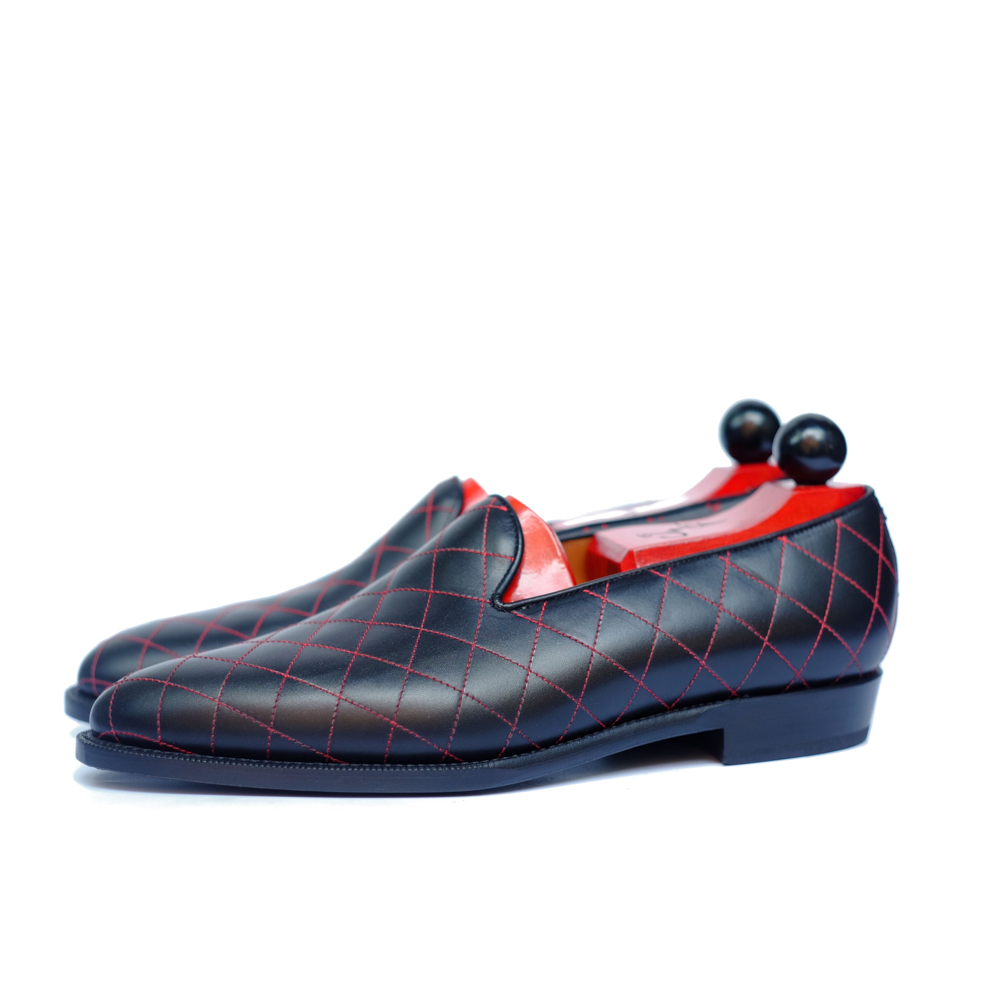 Laurelhurst II - MTO - Quilted Black Calf / Red Stitching - TMG Last - Single Leather Sole-Made To Order Slipper Loafer Quilted Leather-J.FitzPatrick Footwear