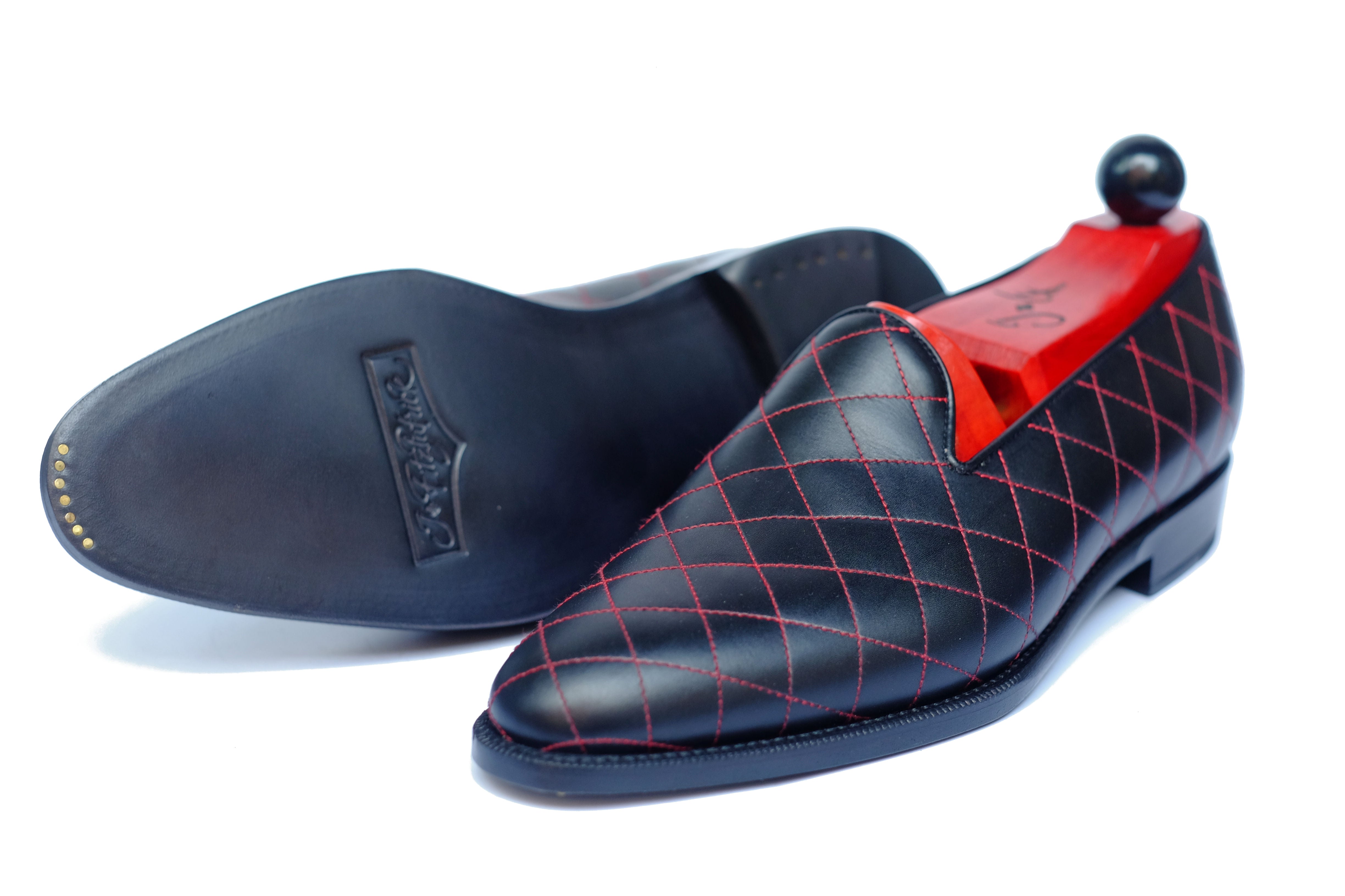 Laurelhurst II - MTO - Quilted Black Calf / Red Stitching - TMG Last - Single Leather Sole-Made To Order Slipper Loafer Quilted Leather-J.FitzPatrick Footwear