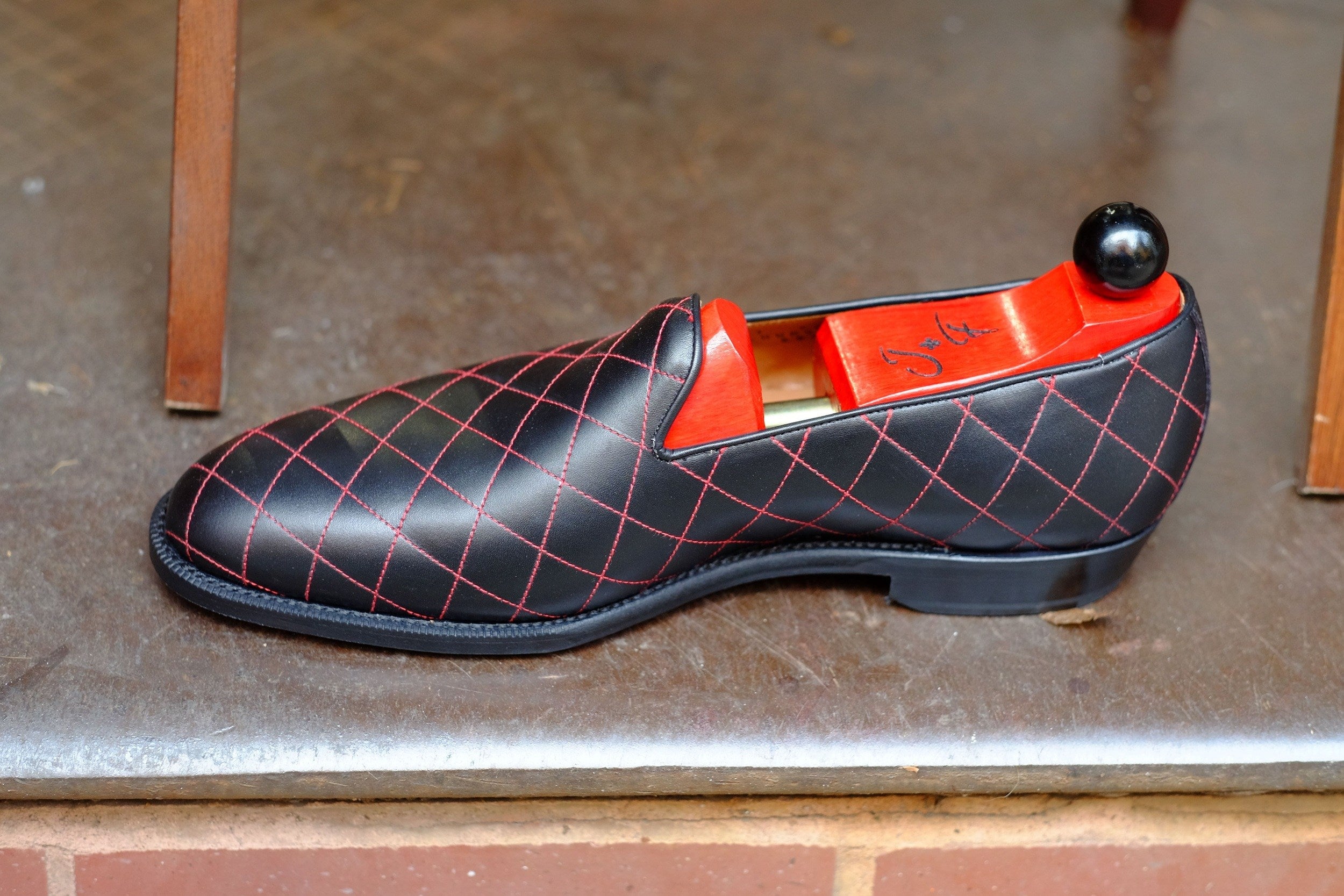 Laurelhurst II - MTO - Quilted Black Calf / Red Stitching - TMG Last - Single Leather Sole-Made To Order Slipper Loafer Quilted Leather-J.FitzPatrick Footwear