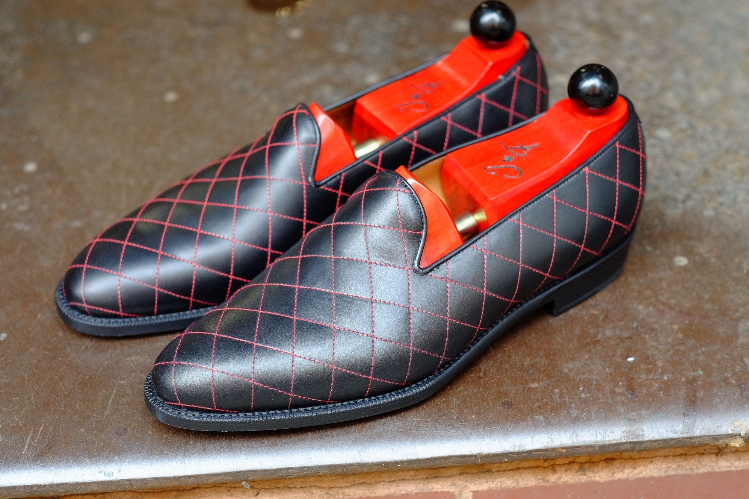 Laurelhurst II - MTO - Quilted Black Calf / Red Stitching - TMG Last - Single Leather Sole-Made To Order Slipper Loafer Quilted Leather-J.FitzPatrick Footwear