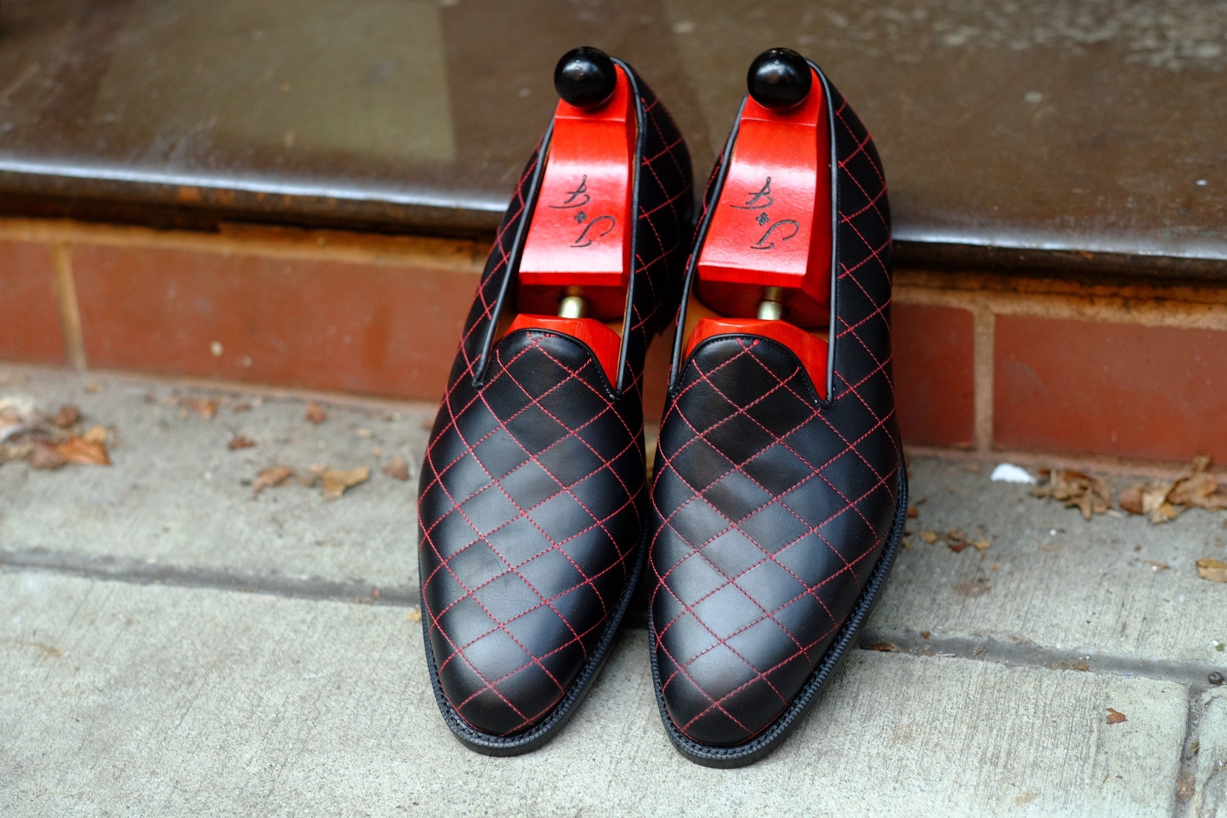 Laurelhurst II - MTO - Quilted Black Calf / Red Stitching - TMG Last - Single Leather Sole-Made To Order Slipper Loafer Quilted Leather-J.FitzPatrick Footwear