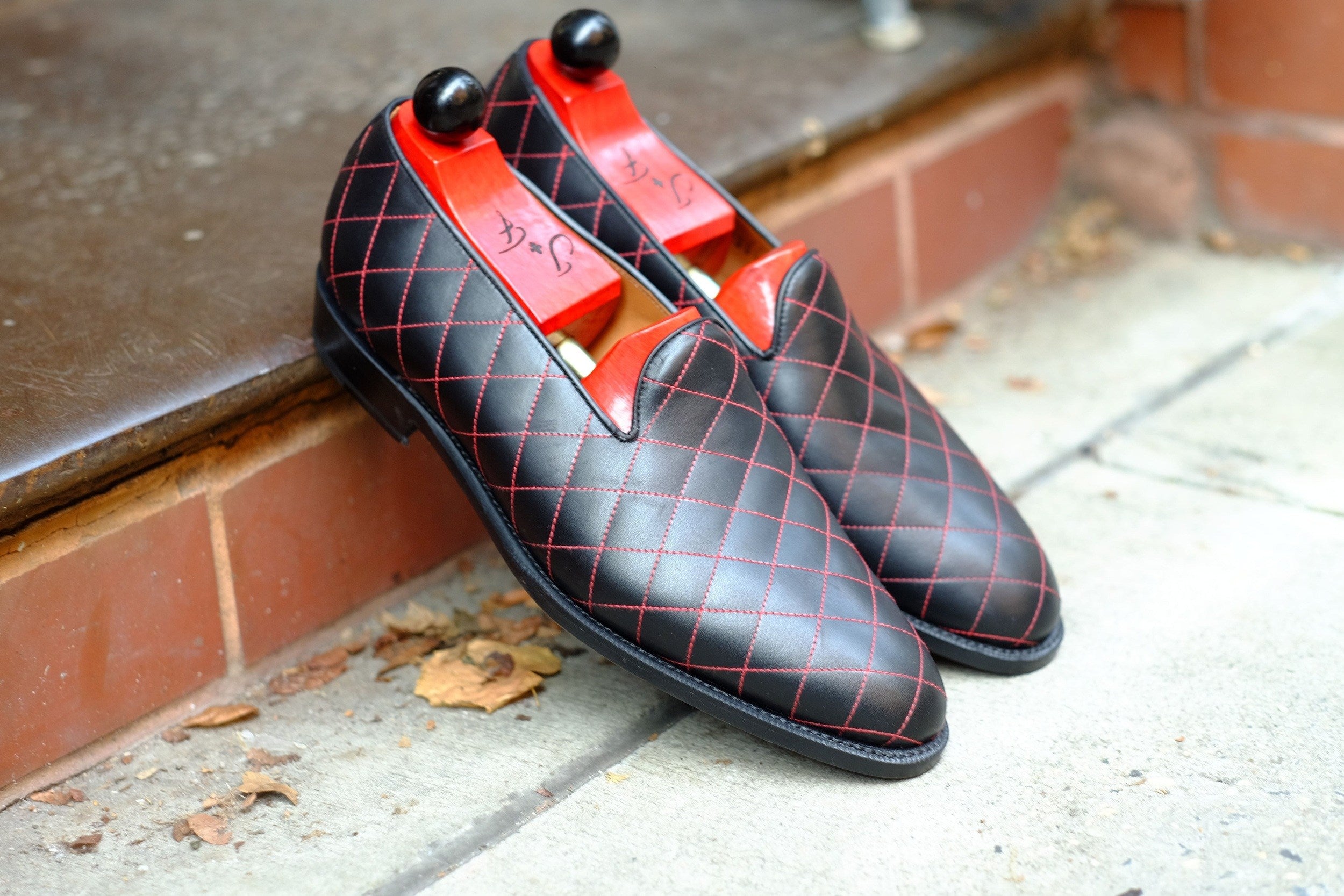 Laurelhurst II - MTO - Quilted Black Calf / Red Stitching - TMG Last - Single Leather Sole-Made To Order Slipper Loafer Quilted Leather-J.FitzPatrick Footwear