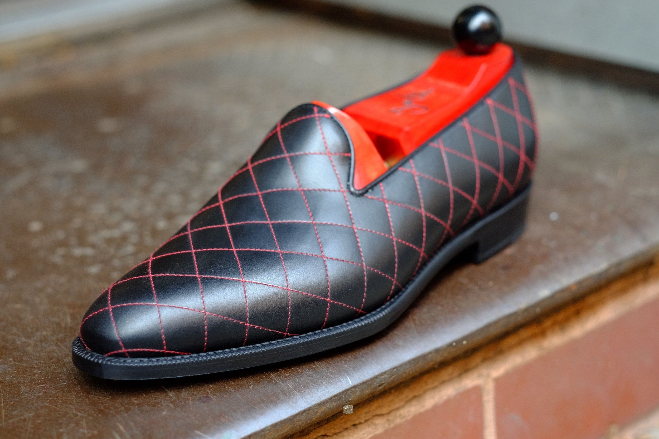 Laurelhurst II - MTO - Quilted Black Calf / Red Stitching - TMG Last - Single Leather Sole-Made To Order Slipper Loafer Quilted Leather-J.FitzPatrick Footwear