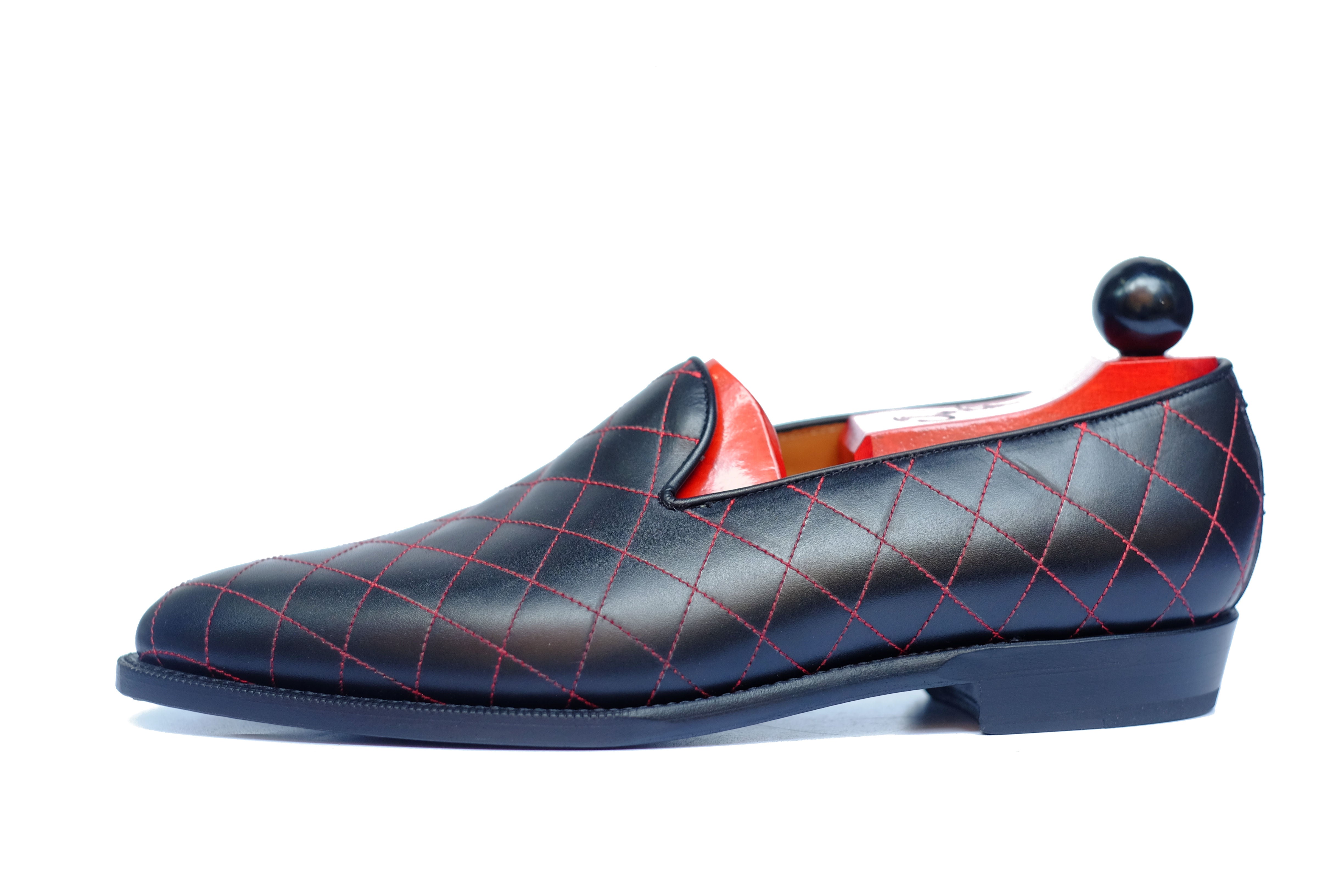 Laurelhurst II - MTO - Quilted Black Calf / Red Stitching - TMG Last - Single Leather Sole-Made To Order Slipper Loafer Quilted Leather-J.FitzPatrick Footwear