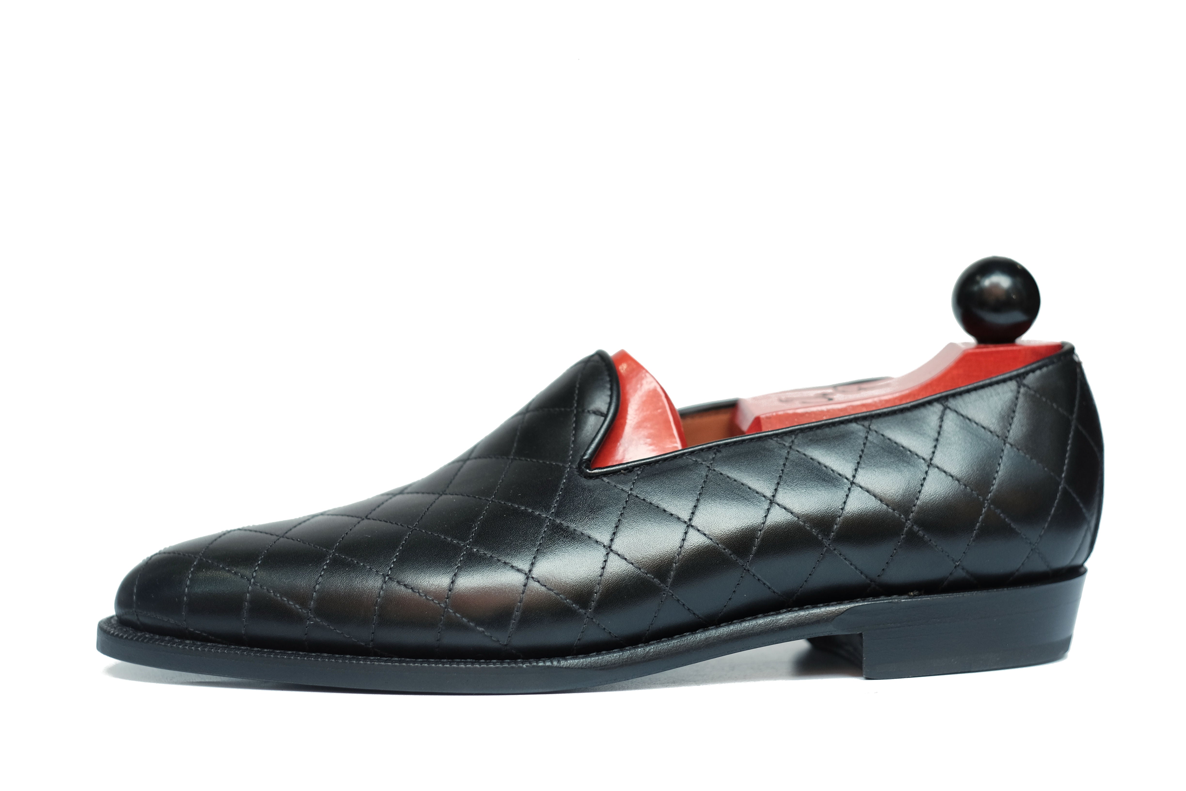 Laurelhurst II - MTO - Quilted Black Calf - TMG Last - Single Leather Sole-Made To Order Slipper Loafer Quilted Leather-J.FitzPatrick Footwear