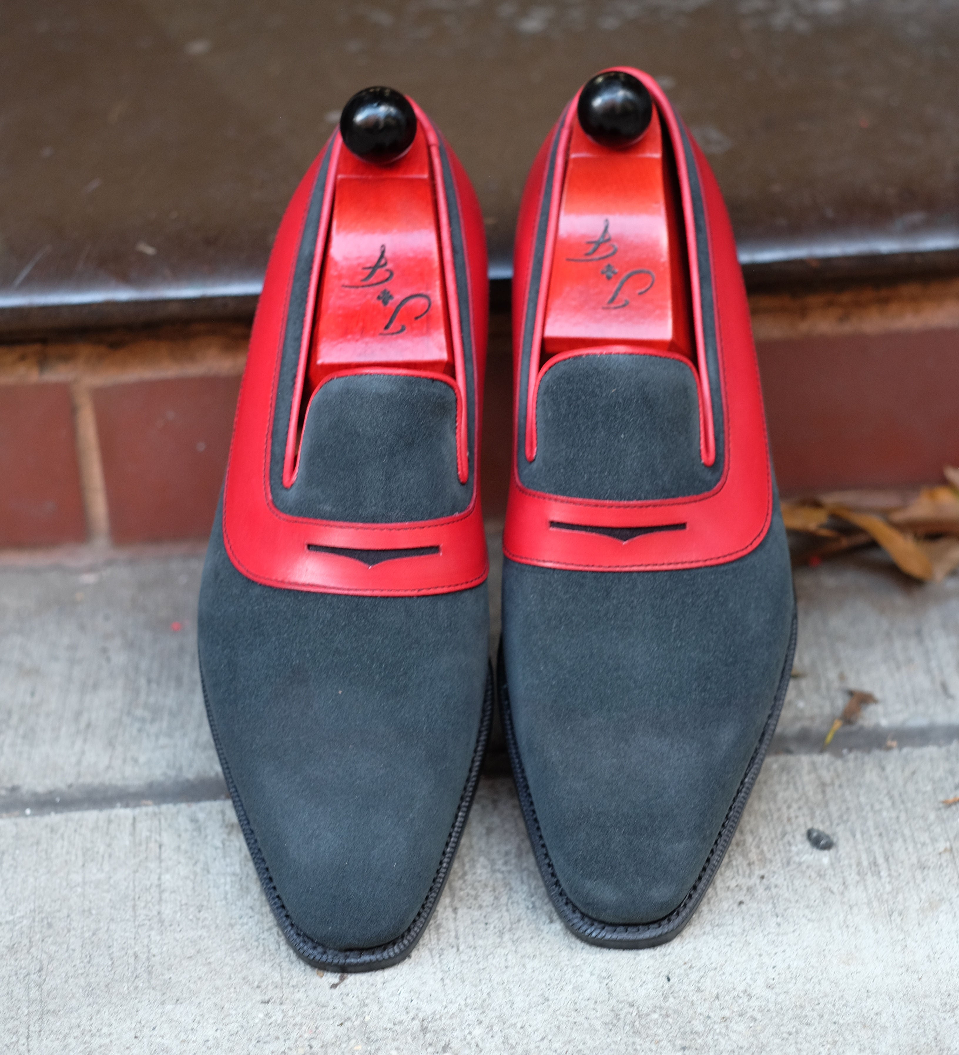 Marcos - MTO - Charcoal Suede / Red Calf - LPB Last - Single Leather Sole-Made To Order Strap Loafer-J.FitzPatrick Footwear