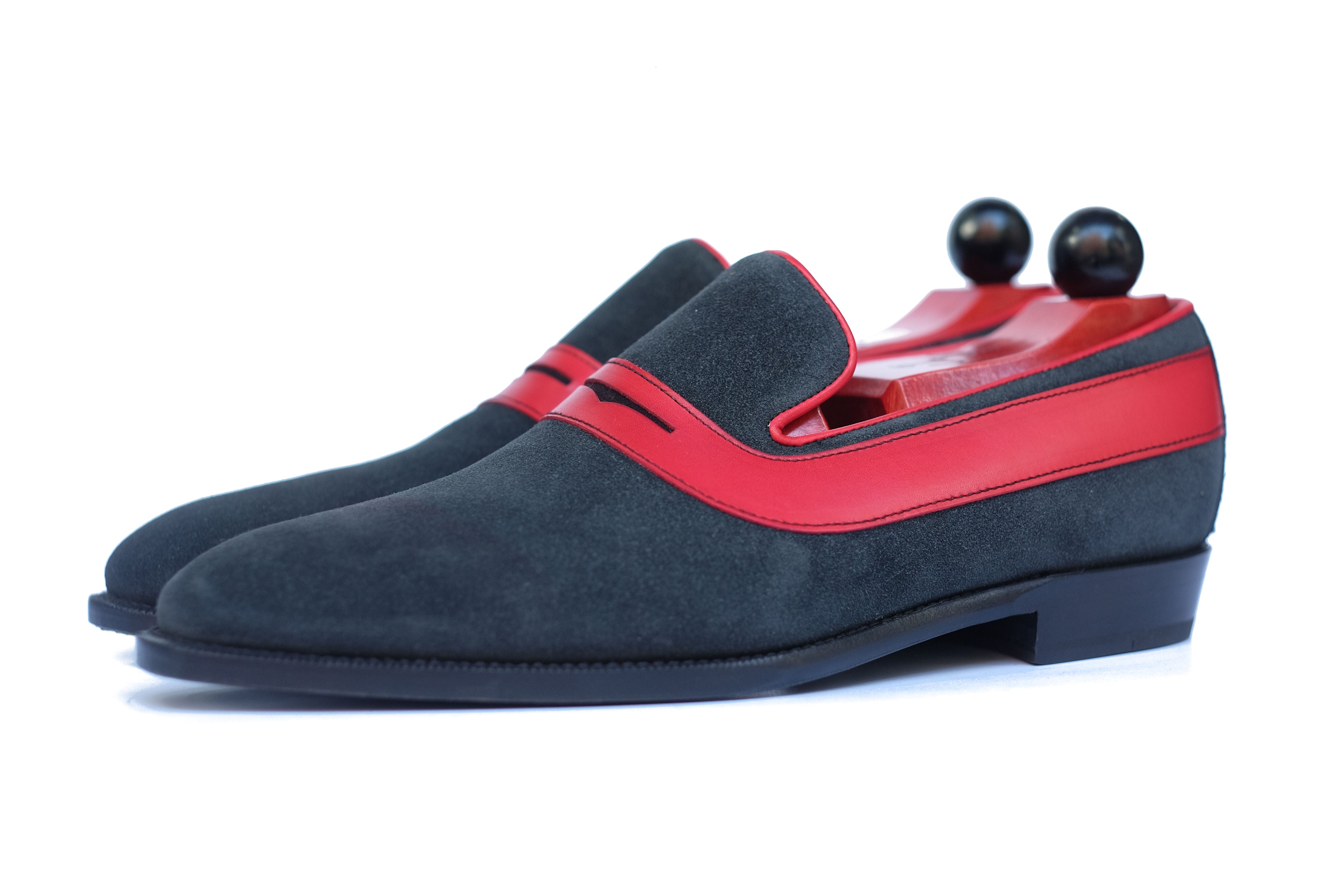 Marcos - MTO - Charcoal Suede / Red Calf - LPB Last - Single Leather Sole-Made To Order Strap Loafer-J.FitzPatrick Footwear