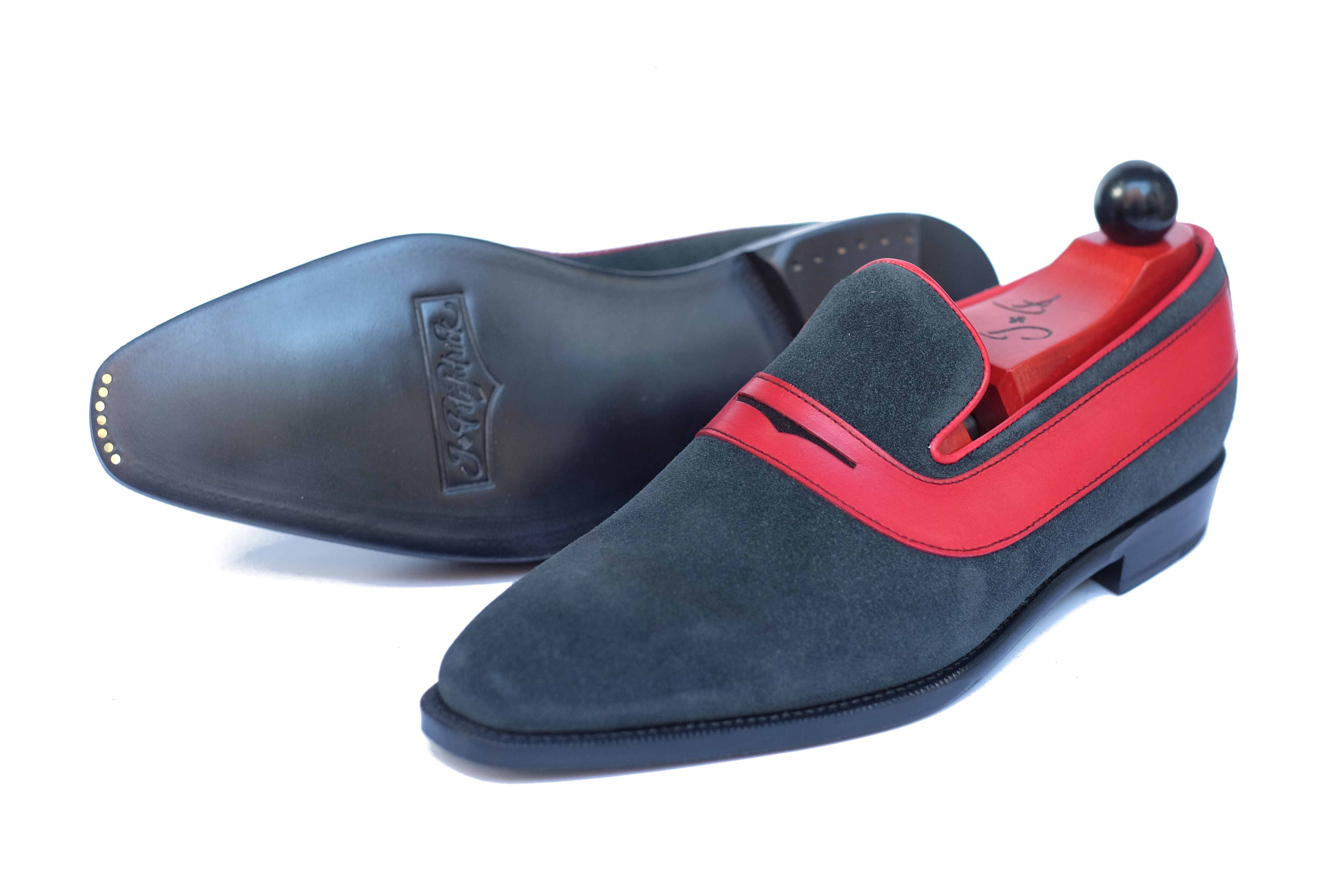 Marcos - MTO - Charcoal Suede / Red Calf - LPB Last - Single Leather Sole-Made To Order Strap Loafer-J.FitzPatrick Footwear