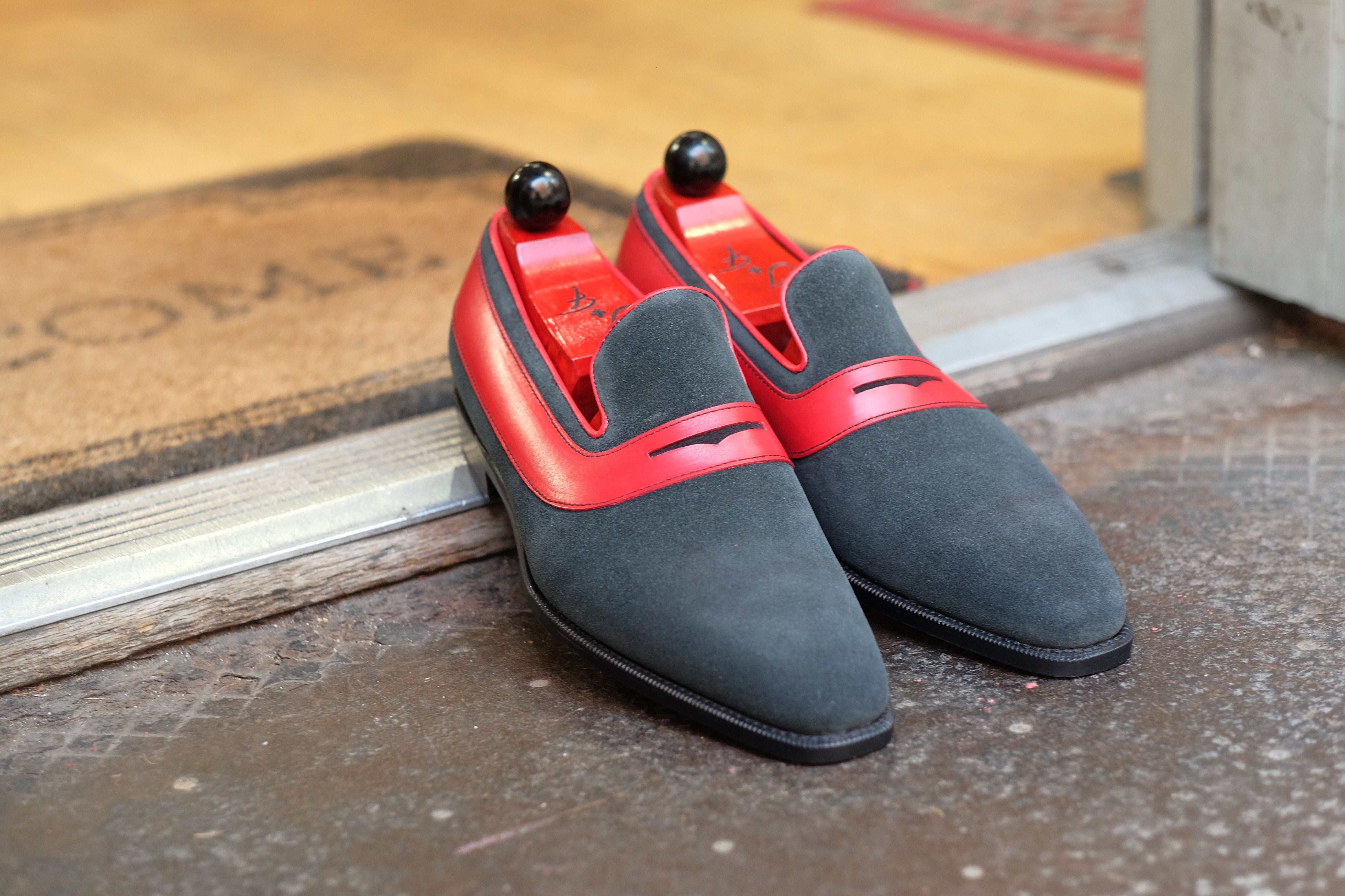 Marcos - MTO - Charcoal Suede / Red Calf - LPB Last - Single Leather Sole-Made To Order Strap Loafer-J.FitzPatrick Footwear
