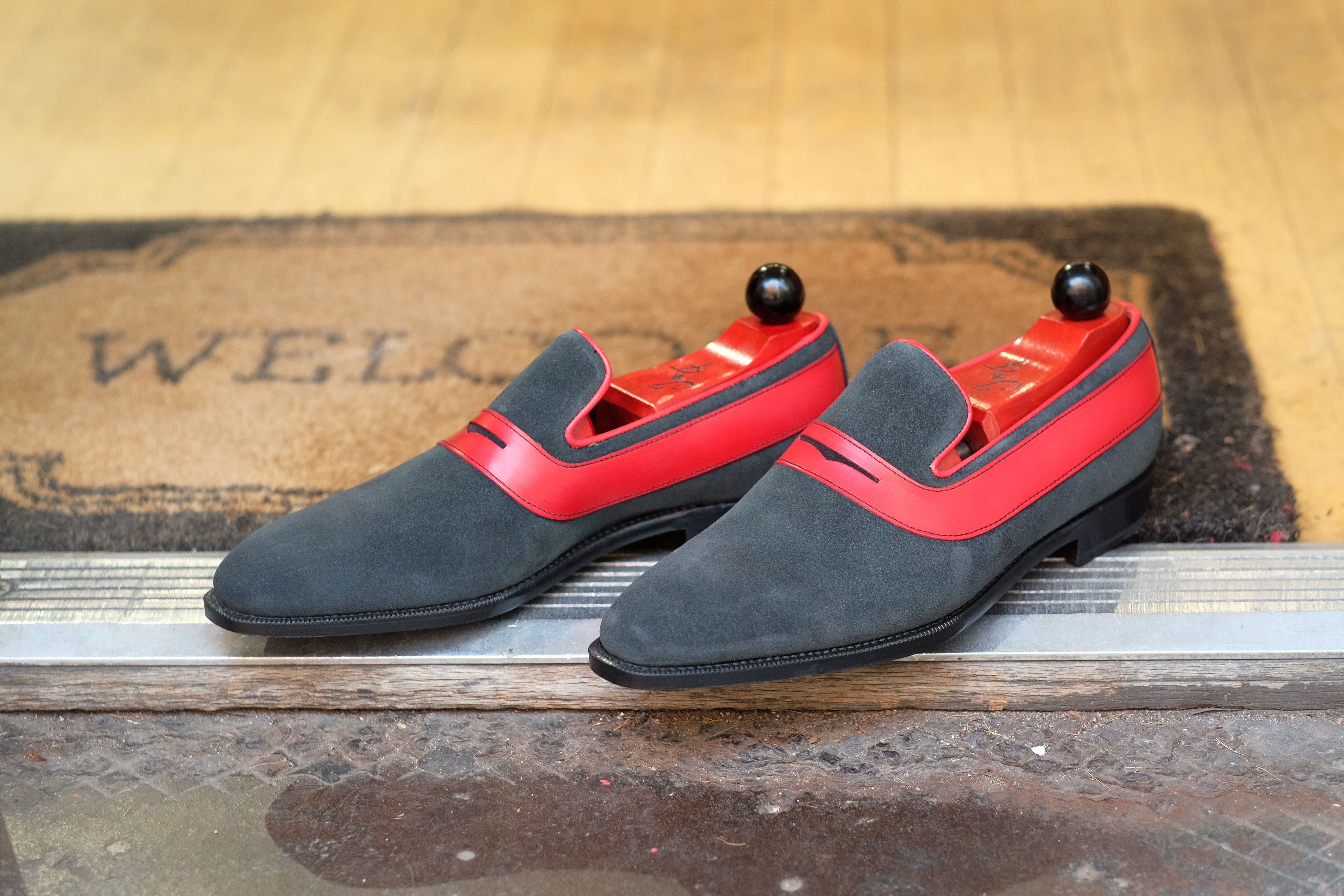 Marcos - MTO - Charcoal Suede / Red Calf - LPB Last - Single Leather Sole-Made To Order Strap Loafer-J.FitzPatrick Footwear