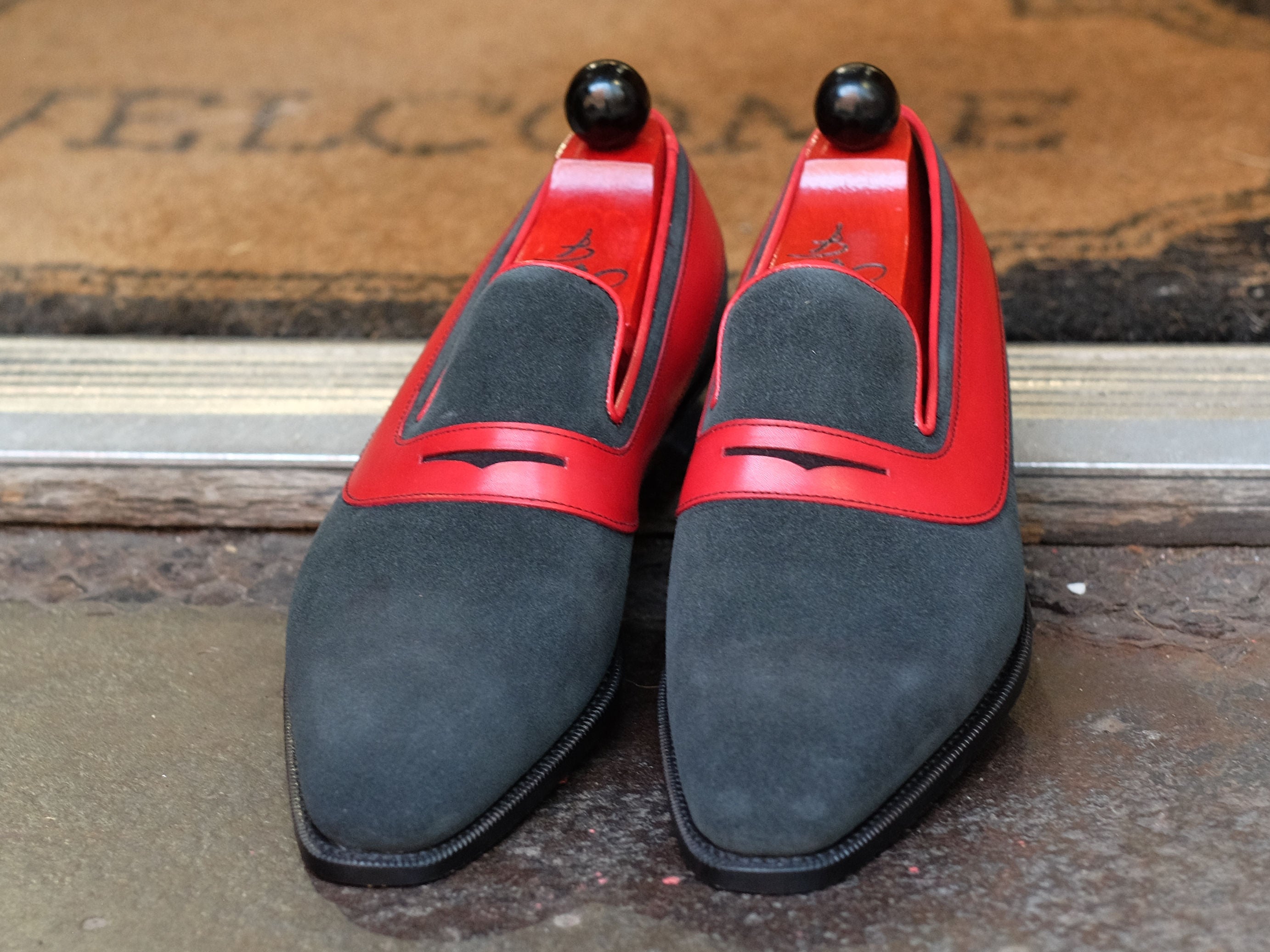 Marcos - MTO - Charcoal Suede / Red Calf - LPB Last - Single Leather Sole-Made To Order Strap Loafer-J.FitzPatrick Footwear