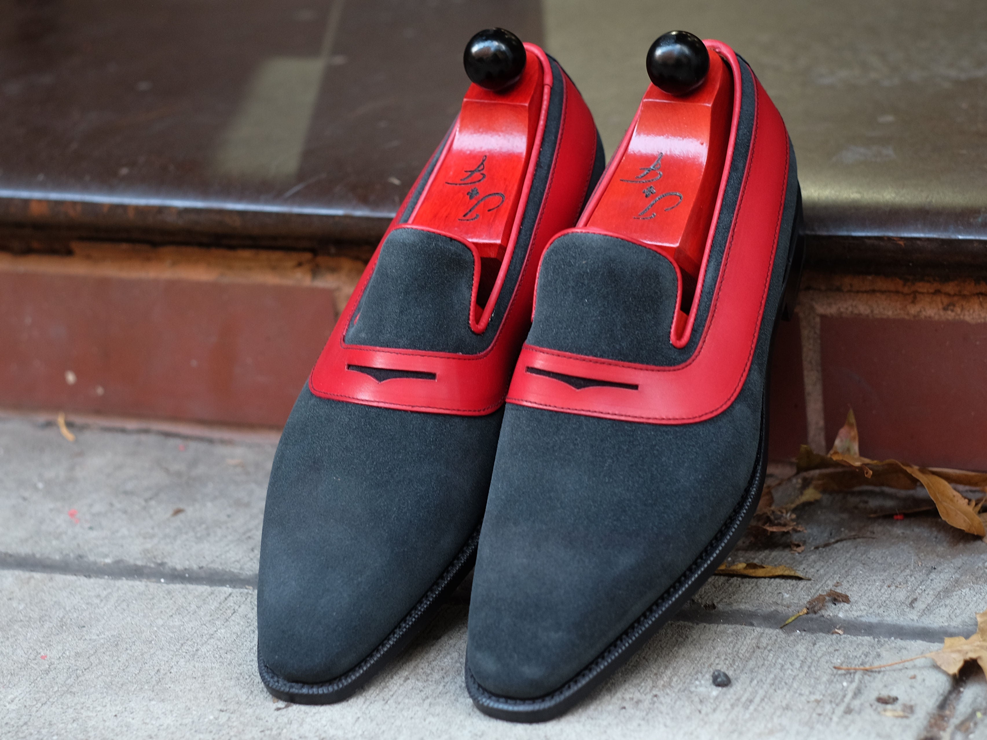 Marcos - MTO - Charcoal Suede / Red Calf - LPB Last - Single Leather Sole-Made To Order Strap Loafer-J.FitzPatrick Footwear