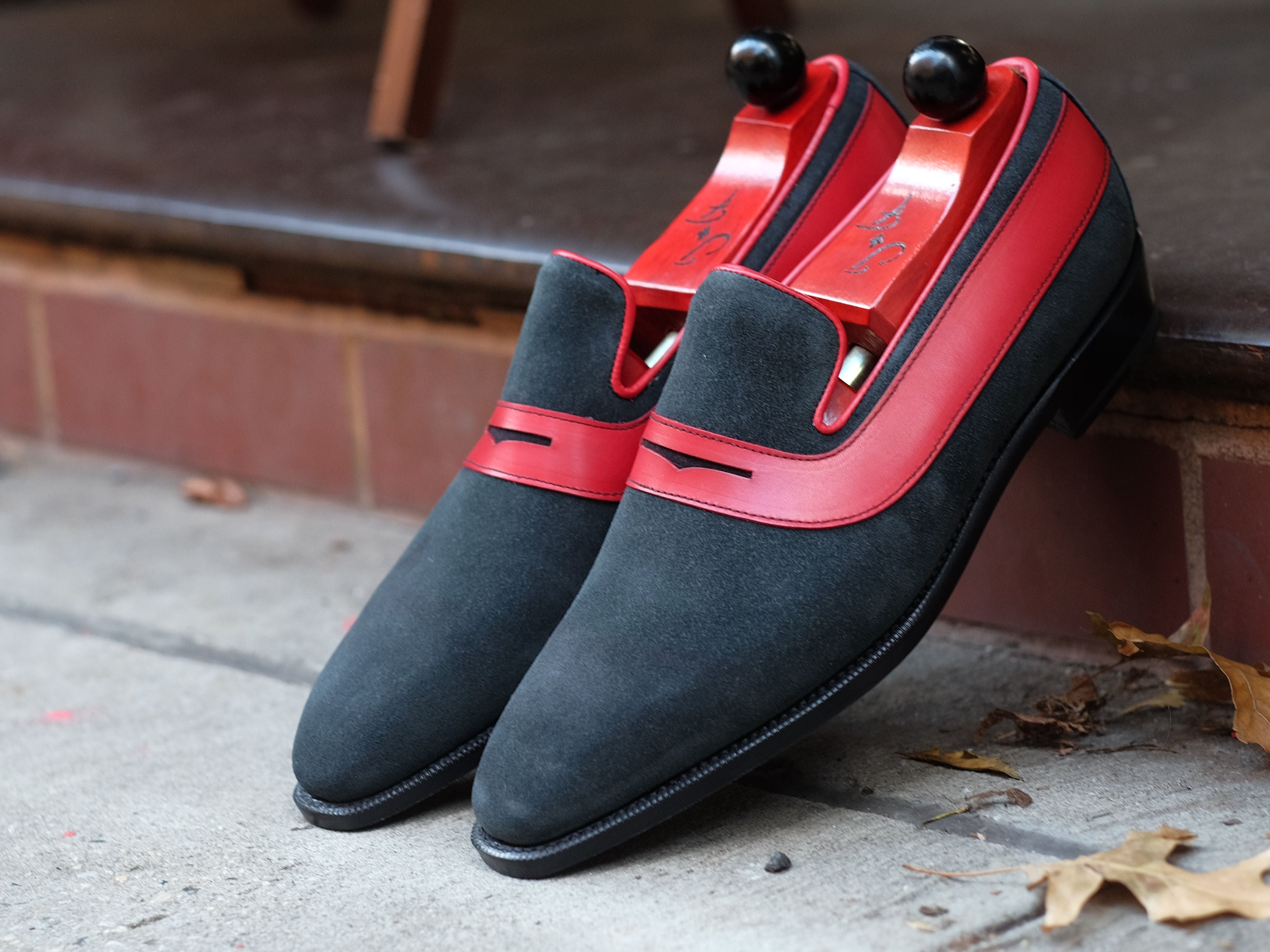 Marcos - MTO - Charcoal Suede / Red Calf - LPB Last - Single Leather Sole-Made To Order Strap Loafer-J.FitzPatrick Footwear