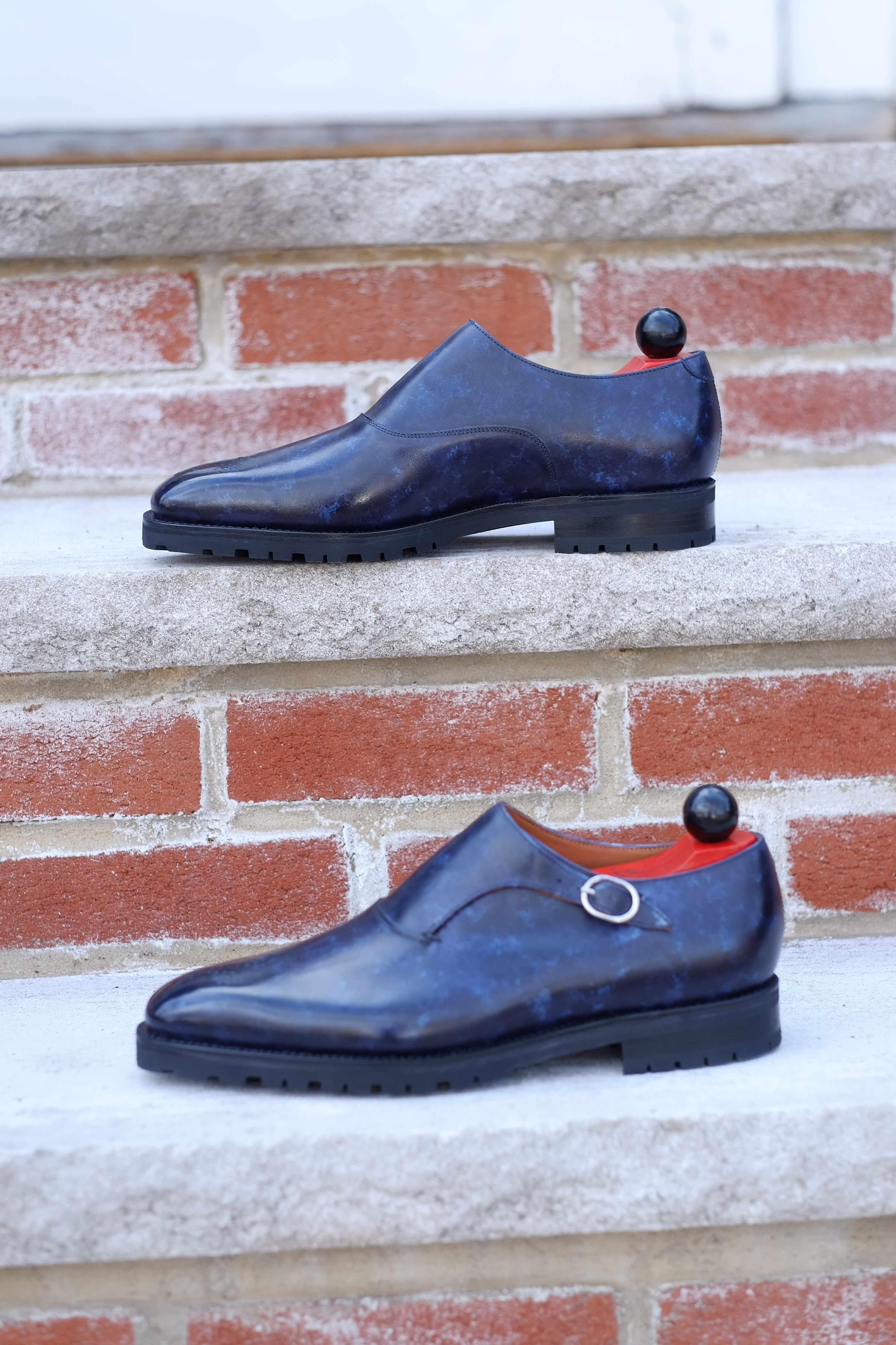 Martel - Navy Marble Patina - PRE ORDER-Single Monk Straps Monkstraps-J.FitzPatrick Footwear