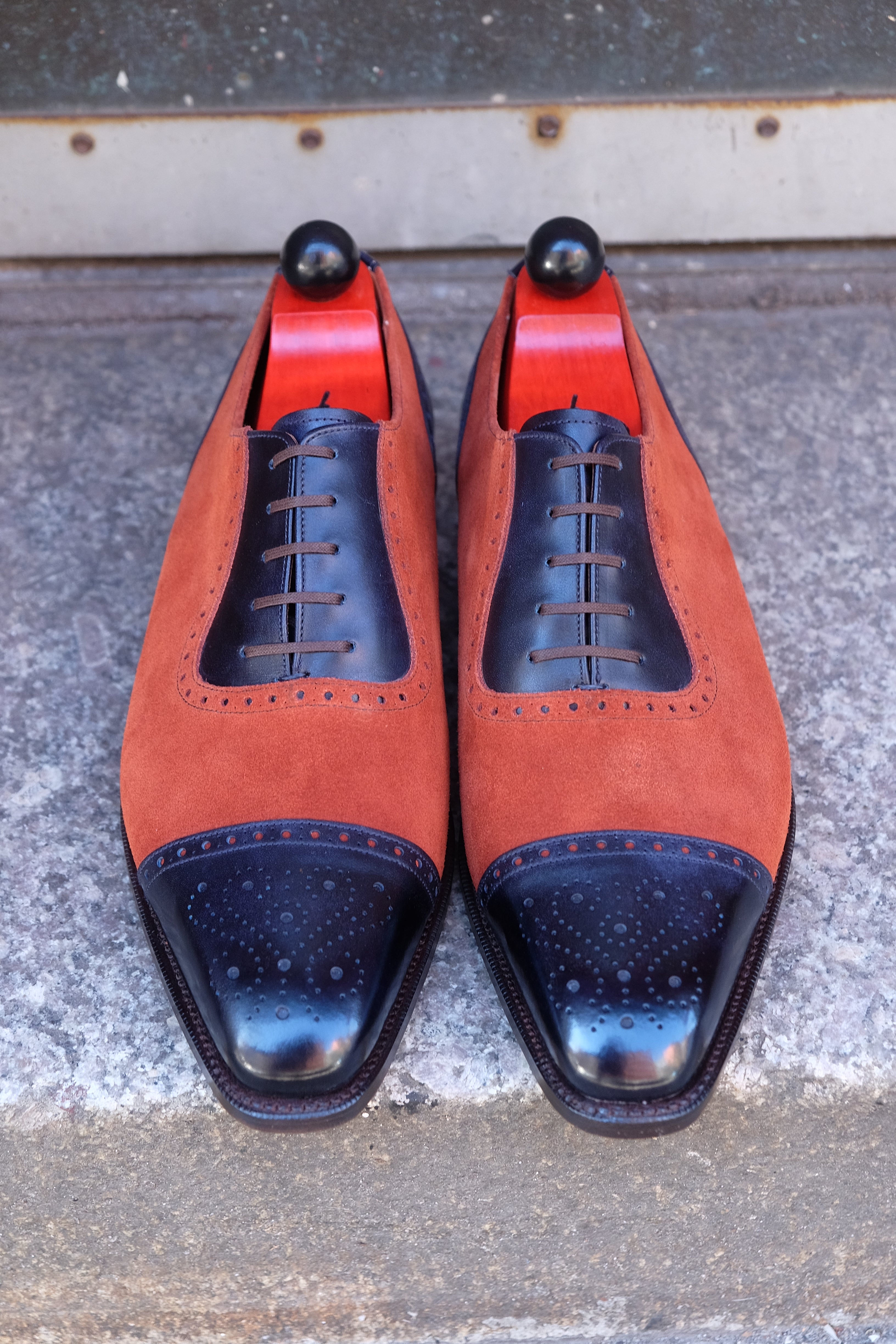 Mathew - MTO - Navy Museum Calf / Rust Suede - LPB Last - Single Leather Sole-Made To Order Cap Toe Oxfords Medallion Brogue Spectator-J.FitzPatrick Footwear