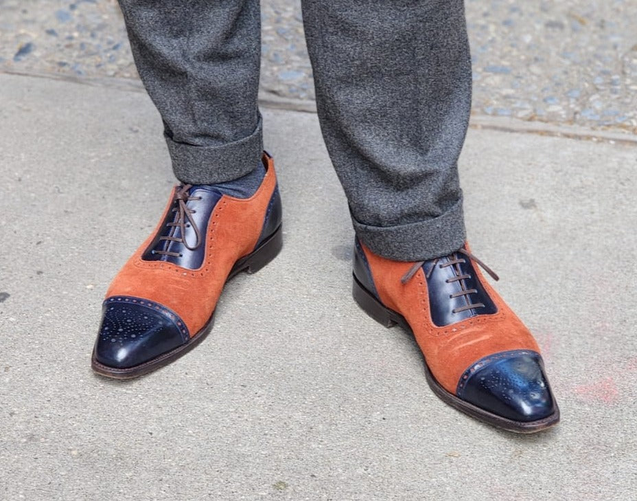 Mathew - MTO - Navy Museum Calf / Rust Suede - LPB Last - Single Leather Sole-Made To Order Cap Toe Oxfords Medallion Brogue Spectator-J.FitzPatrick Footwear