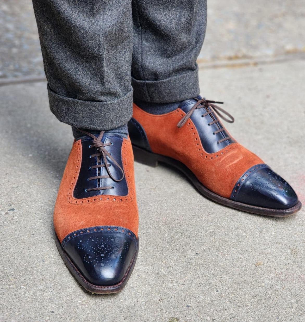 Mathew - MTO - Navy Museum Calf / Rust Suede - LPB Last - Single Leather Sole-Made To Order Cap Toe Oxfords Medallion Brogue Spectator-J.FitzPatrick Footwear