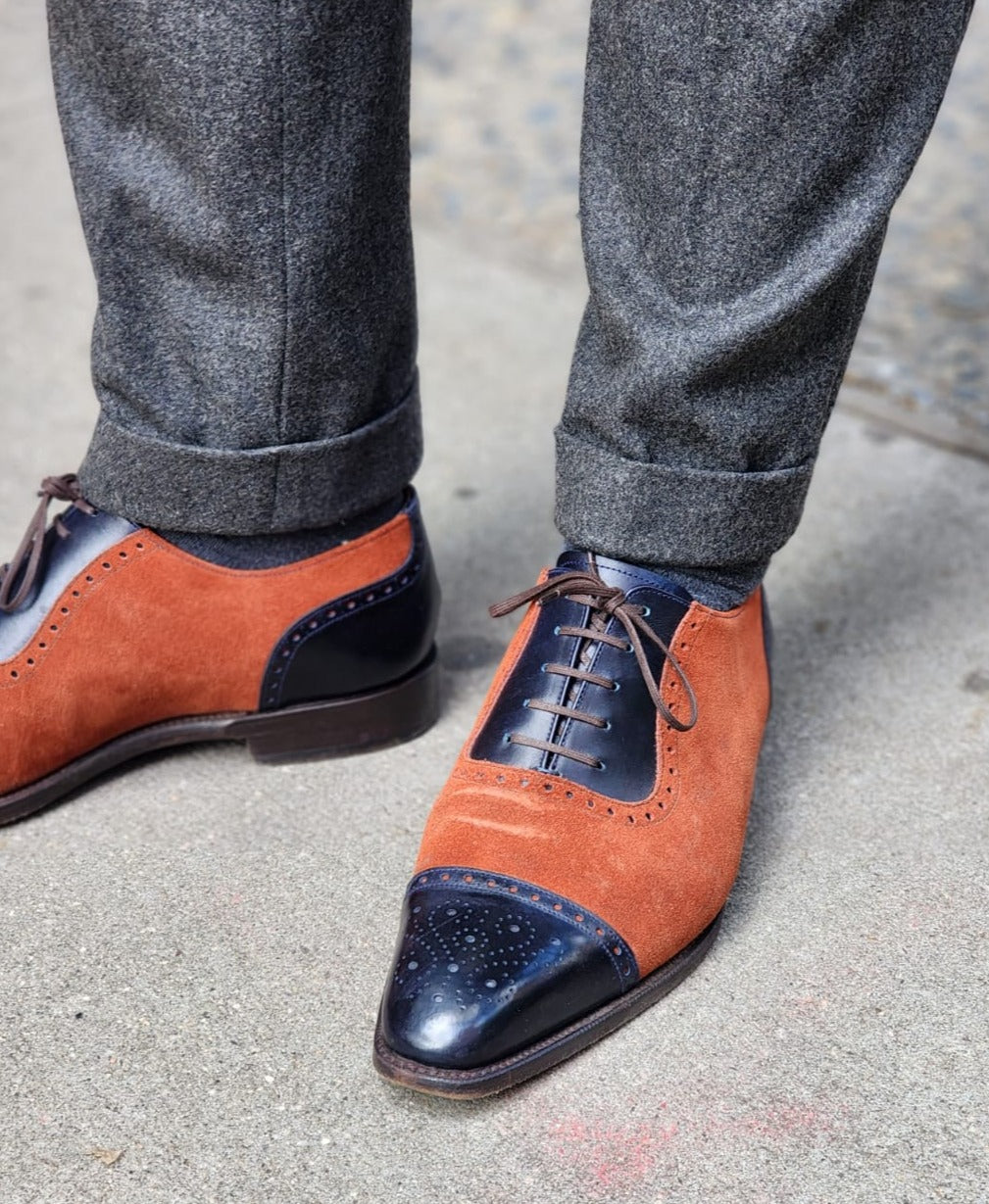 Mathew - MTO - Navy Museum Calf / Rust Suede - LPB Last - Single Leather Sole-Made To Order Cap Toe Oxfords Medallion Brogue Spectator-J.FitzPatrick Footwear