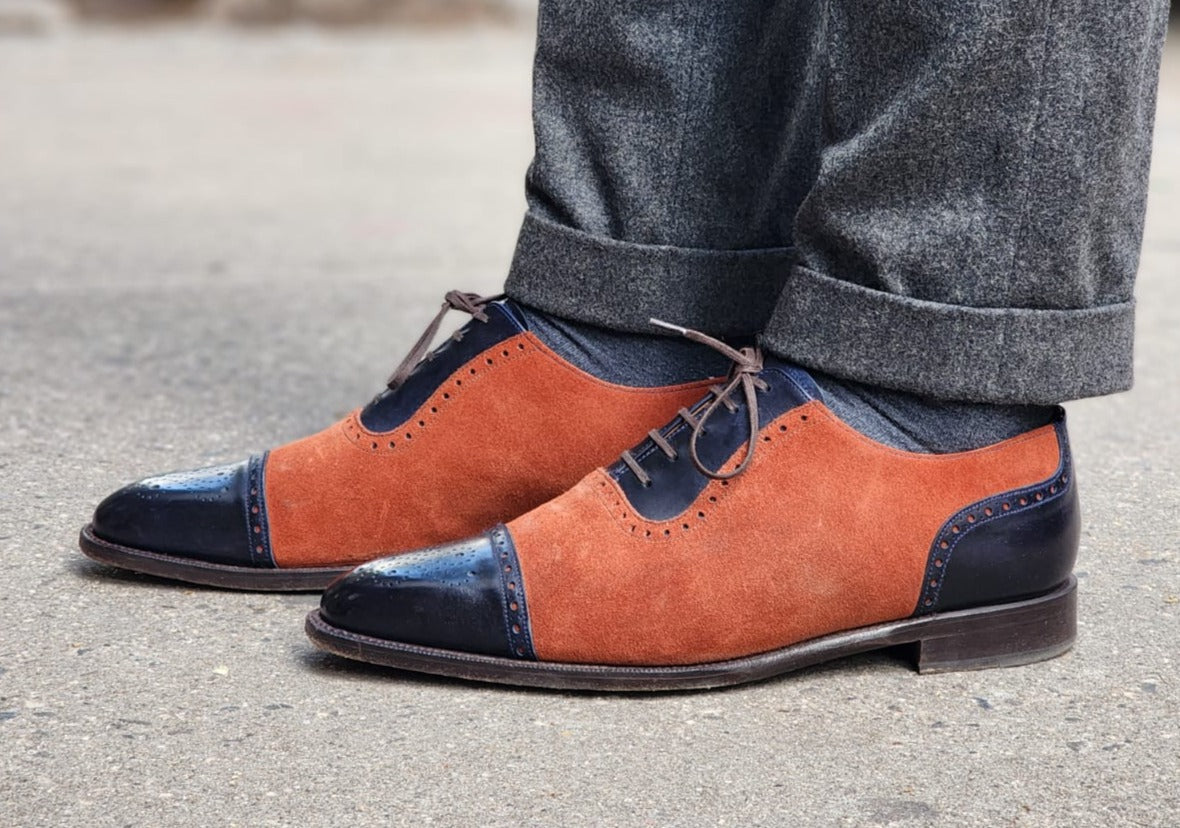 Mathew - MTO - Navy Museum Calf / Rust Suede - LPB Last - Single Leather Sole-Made To Order Cap Toe Oxfords Medallion Brogue Spectator-J.FitzPatrick Footwear