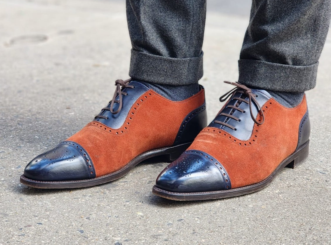 Mathew - MTO - Navy Museum Calf / Rust Suede - LPB Last - Single Leather Sole-Made To Order Cap Toe Oxfords Medallion Brogue Spectator-J.FitzPatrick Footwear