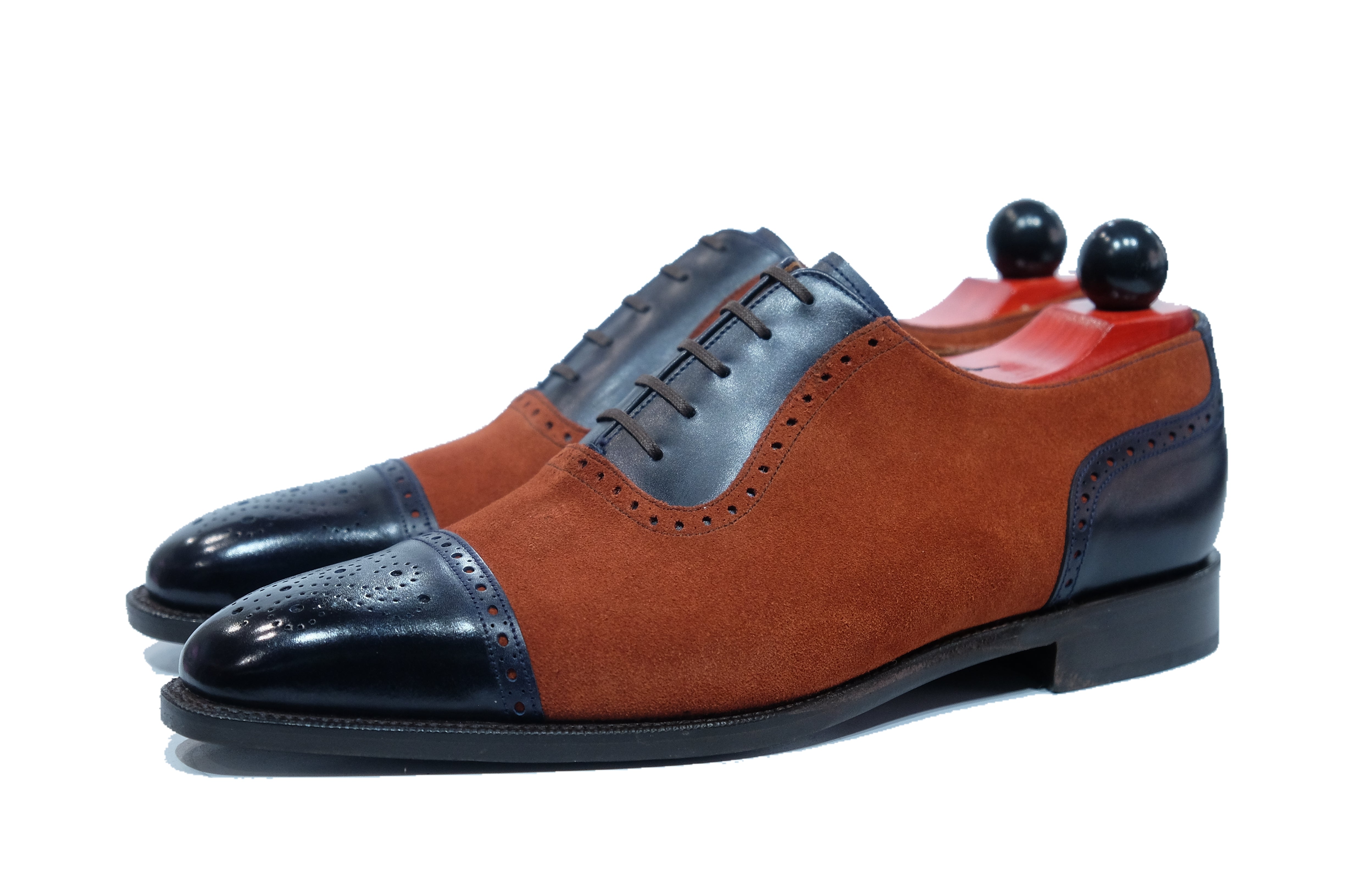Mathew - MTO - Navy Museum Calf / Rust Suede - LPB Last - Single Leather Sole-Made To Order Cap Toe Oxfords Medallion Brogue Spectator-J.FitzPatrick Footwear
