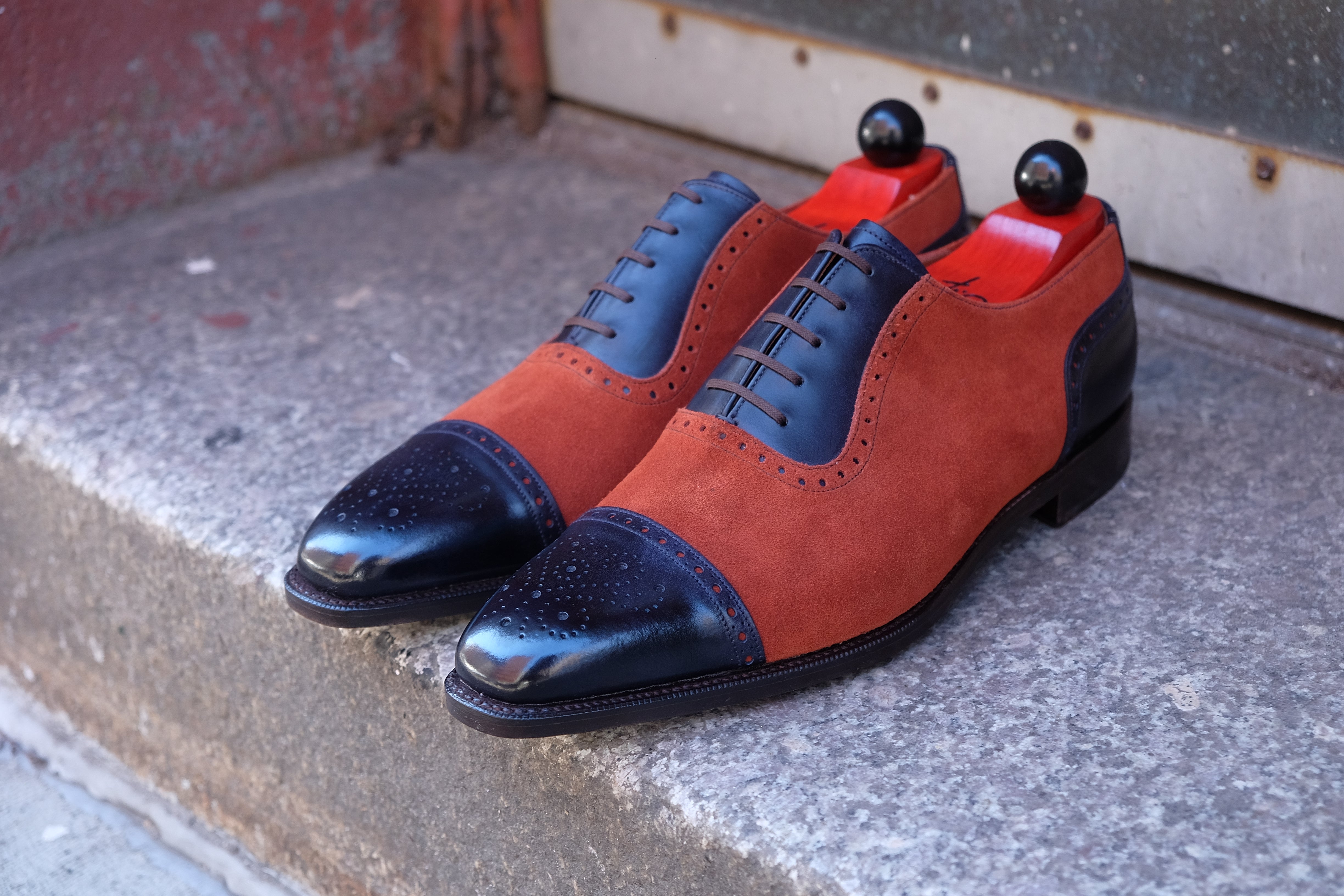 Mathew - MTO - Navy Museum Calf / Rust Suede - LPB Last - Single Leather Sole-Made To Order Cap Toe Oxfords Medallion Brogue Spectator-J.FitzPatrick Footwear