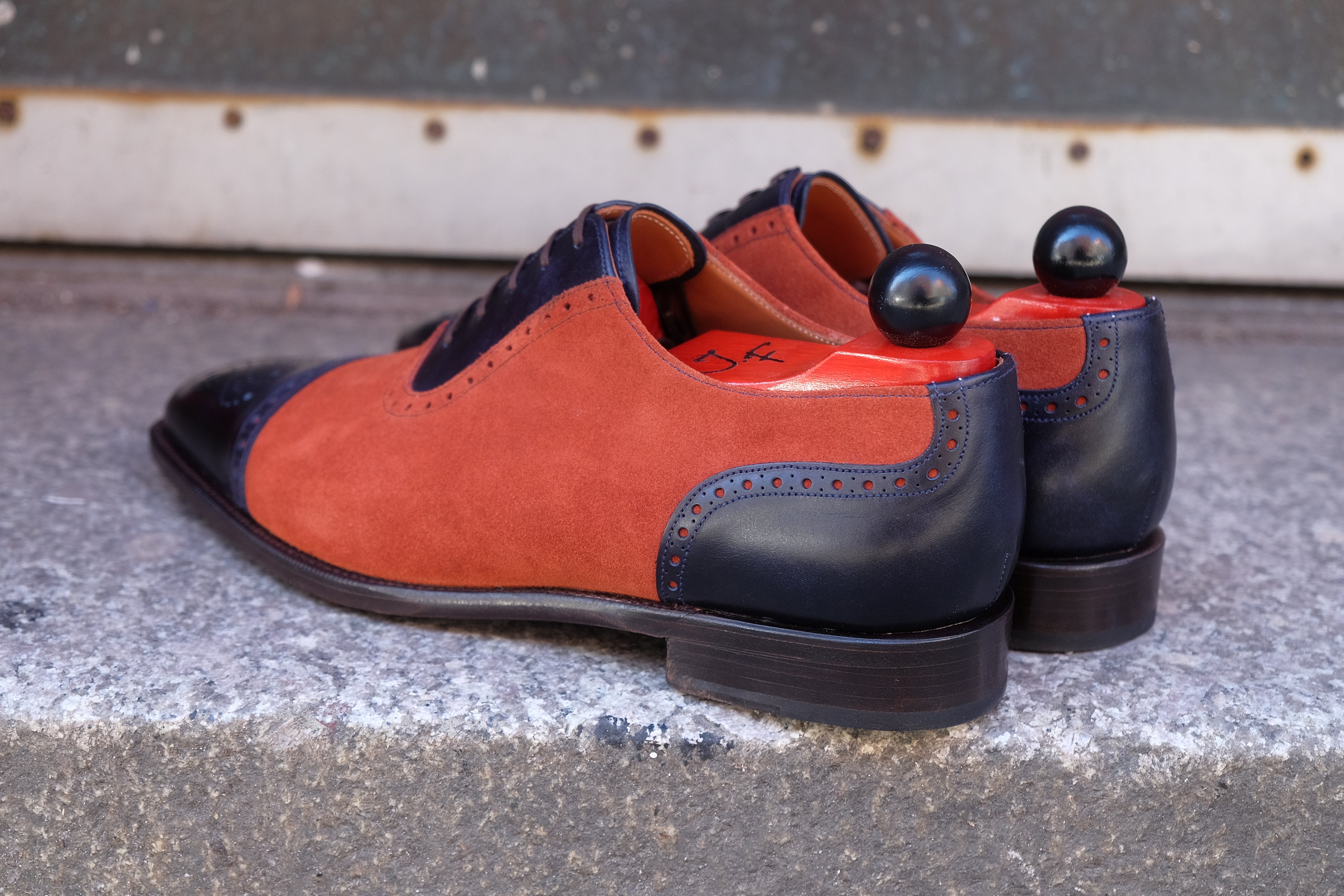 Mathew - MTO - Navy Museum Calf / Rust Suede - LPB Last - Single Leather Sole-Made To Order Cap Toe Oxfords Medallion Brogue Spectator-J.FitzPatrick Footwear
