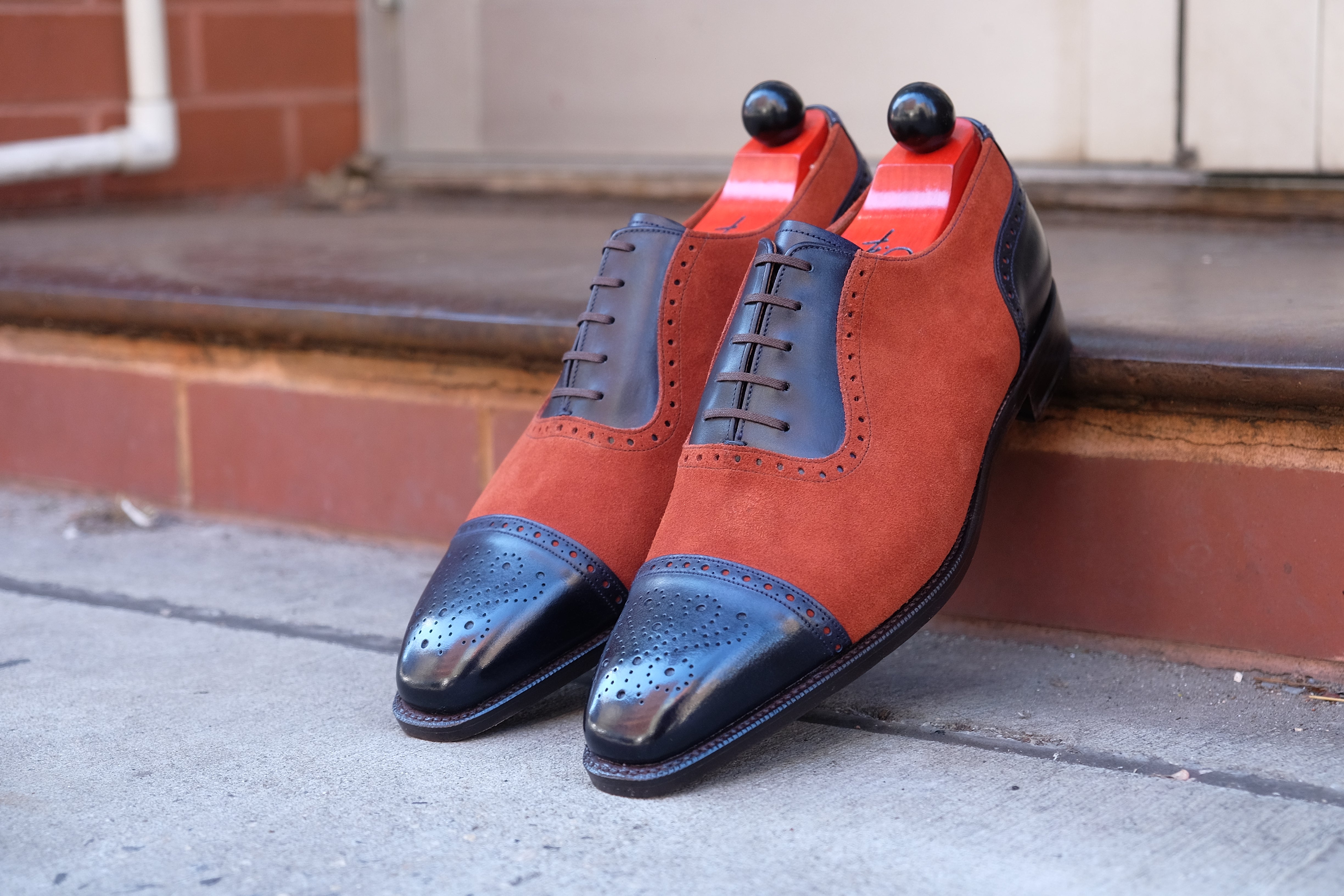 Mathew - MTO - Navy Museum Calf / Rust Suede - LPB Last - Single Leather Sole-Made To Order Cap Toe Oxfords Medallion Brogue Spectator-J.FitzPatrick Footwear