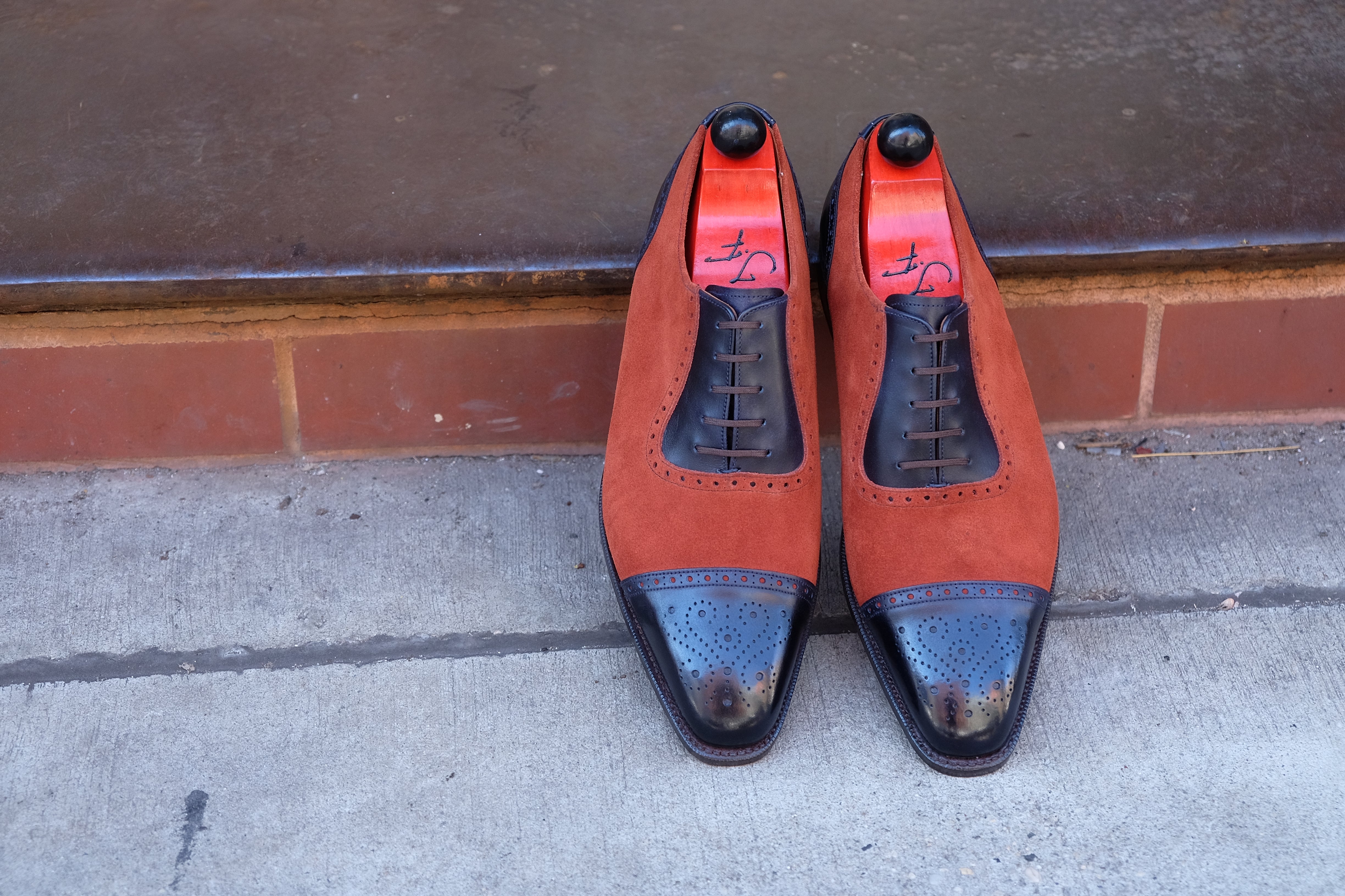 Mathew - MTO - Navy Museum Calf / Rust Suede - LPB Last - Single Leather Sole-Made To Order Cap Toe Oxfords Medallion Brogue Spectator-J.FitzPatrick Footwear