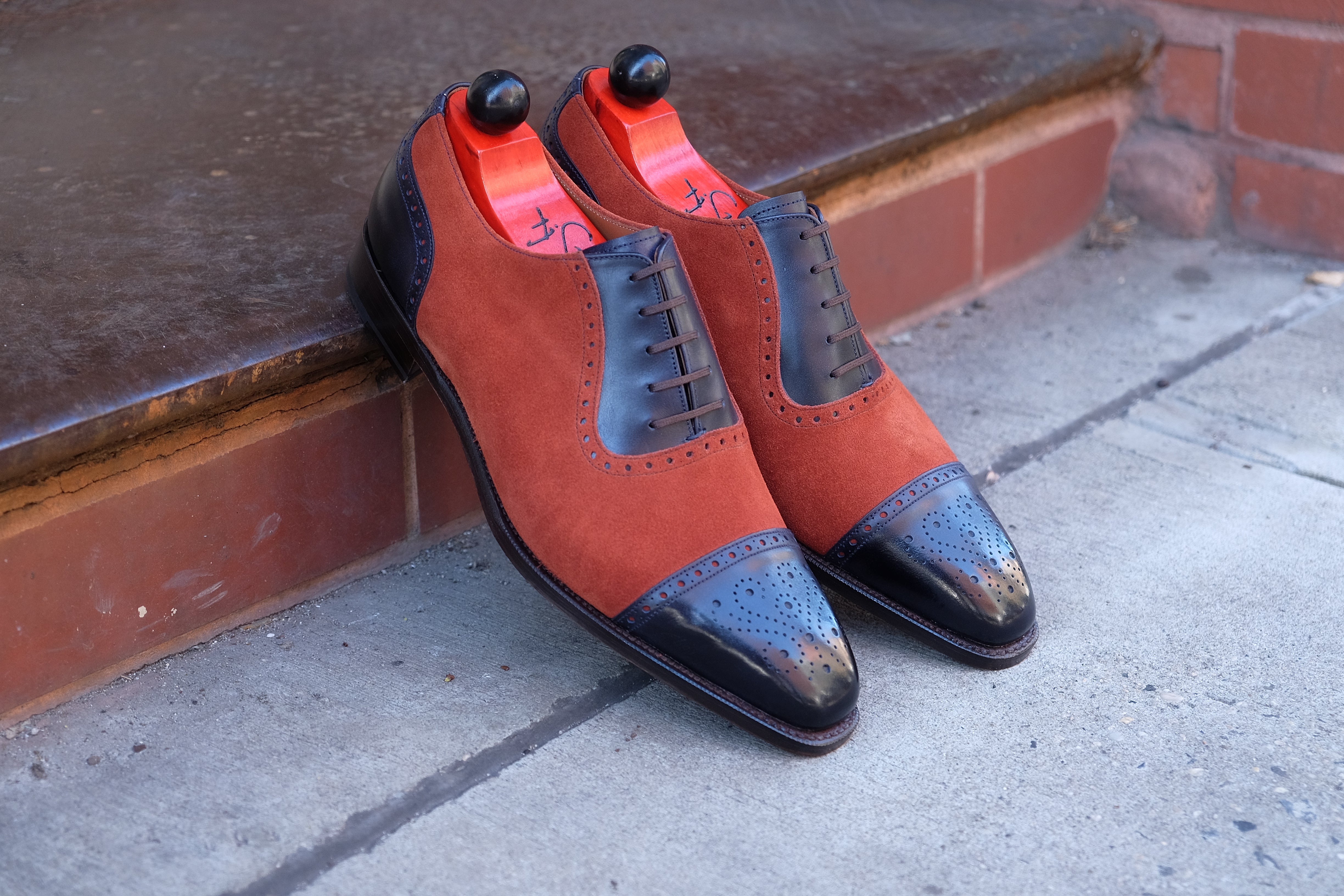 Mathew - MTO - Navy Museum Calf / Rust Suede - LPB Last - Single Leather Sole-Made To Order Cap Toe Oxfords Medallion Brogue Spectator-J.FitzPatrick Footwear