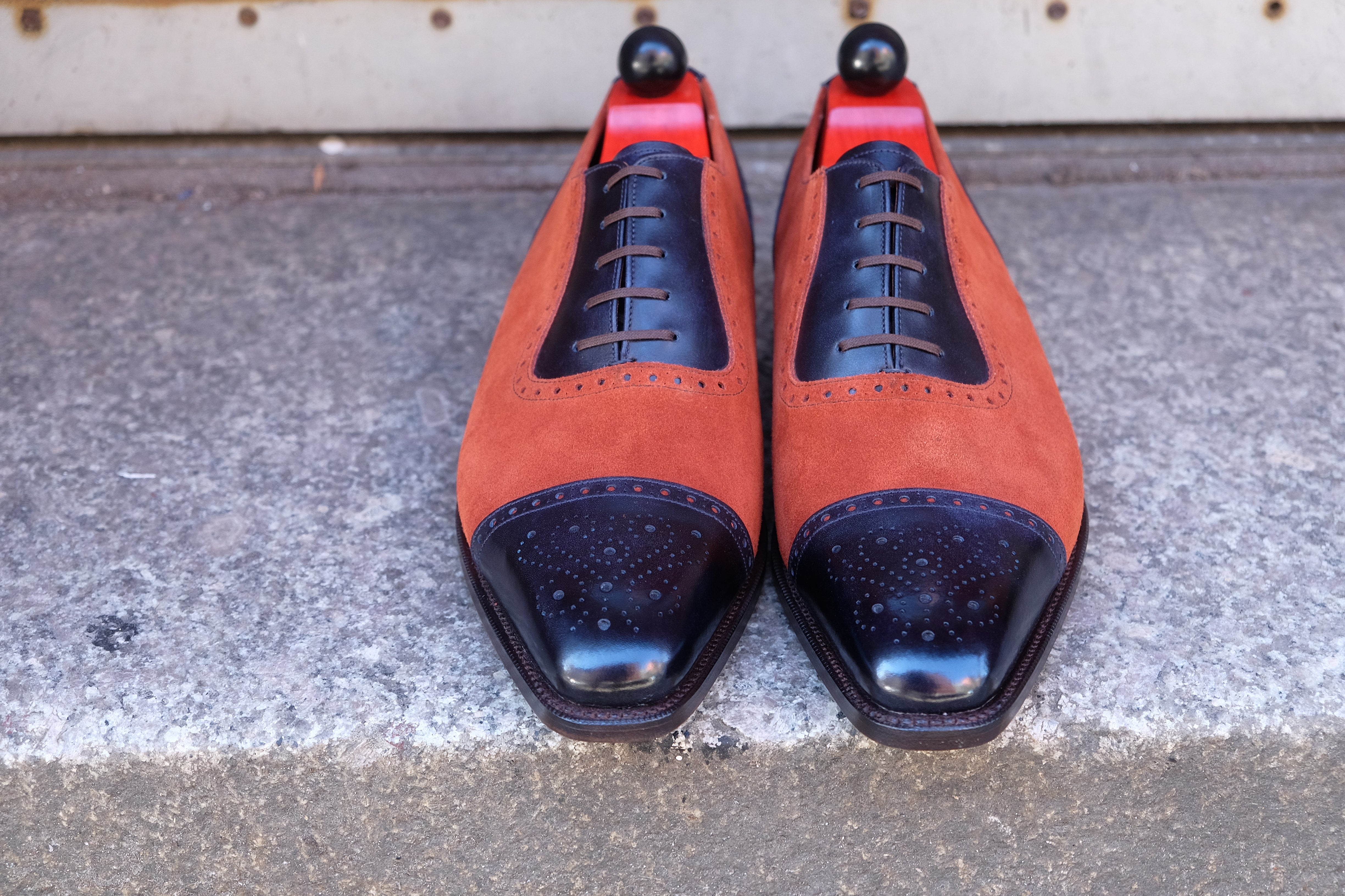 Mathew - MTO - Navy Museum Calf / Rust Suede - LPB Last - Single Leather Sole-Made To Order Cap Toe Oxfords Medallion Brogue Spectator-J.FitzPatrick Footwear