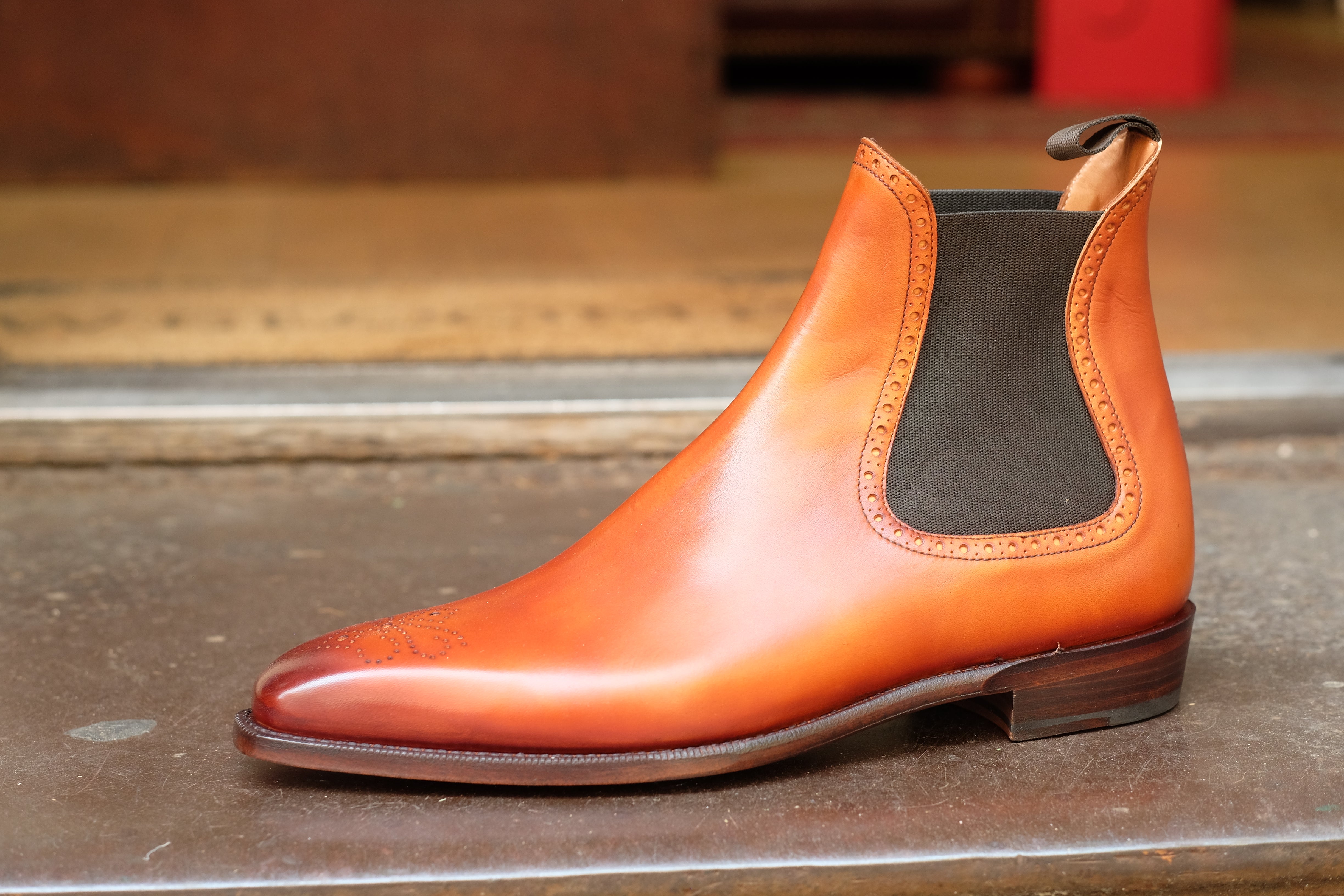 Pasco - MTO - Golden Tan Burnished - MGF Last - Single Leather Sole-Made To Order Chelsea Boot Medallion-J.FitzPatrick Footwear