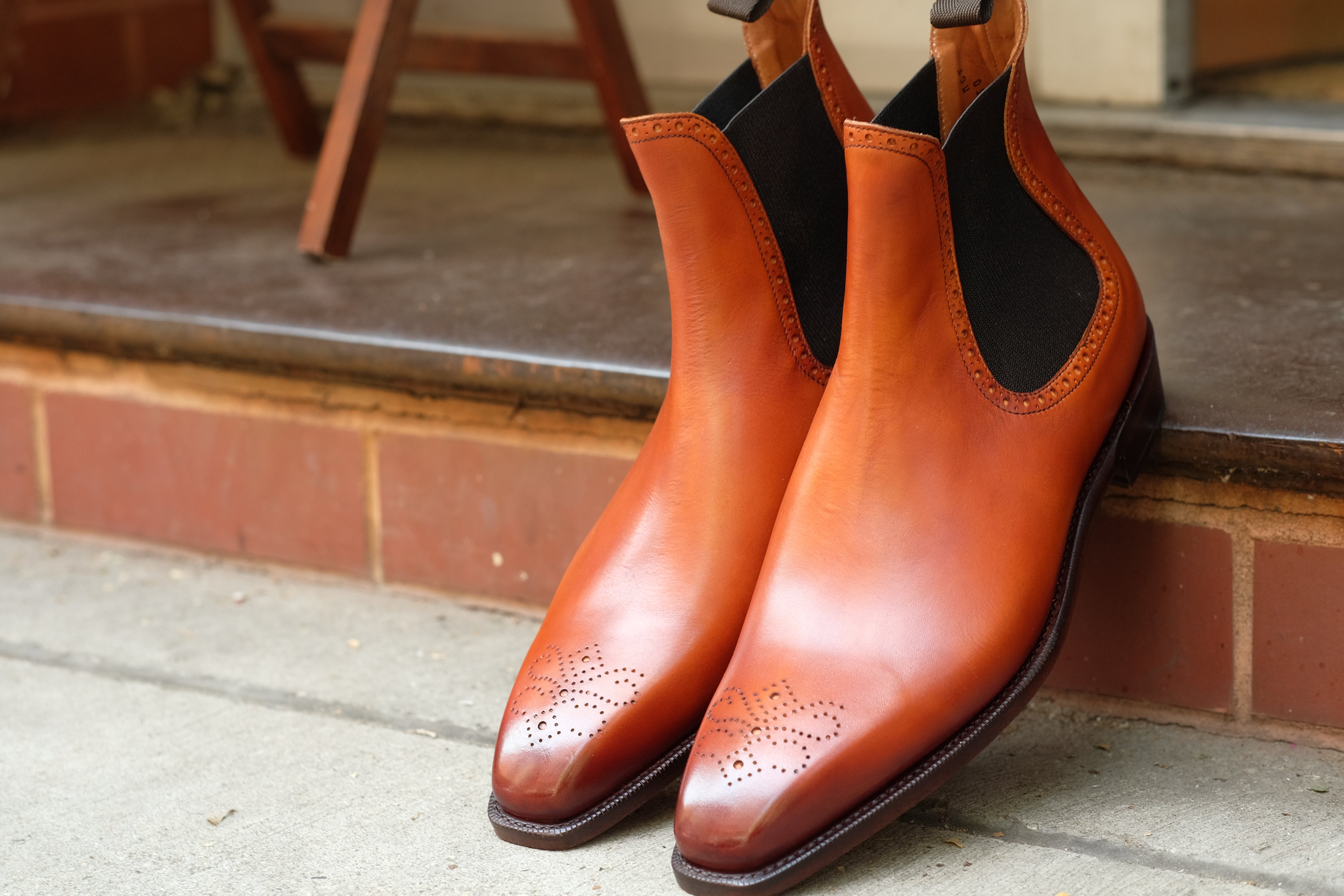 Pasco - MTO - Golden Tan Burnished - MGF Last - Single Leather Sole-Made To Order Chelsea Boot Medallion-J.FitzPatrick Footwear