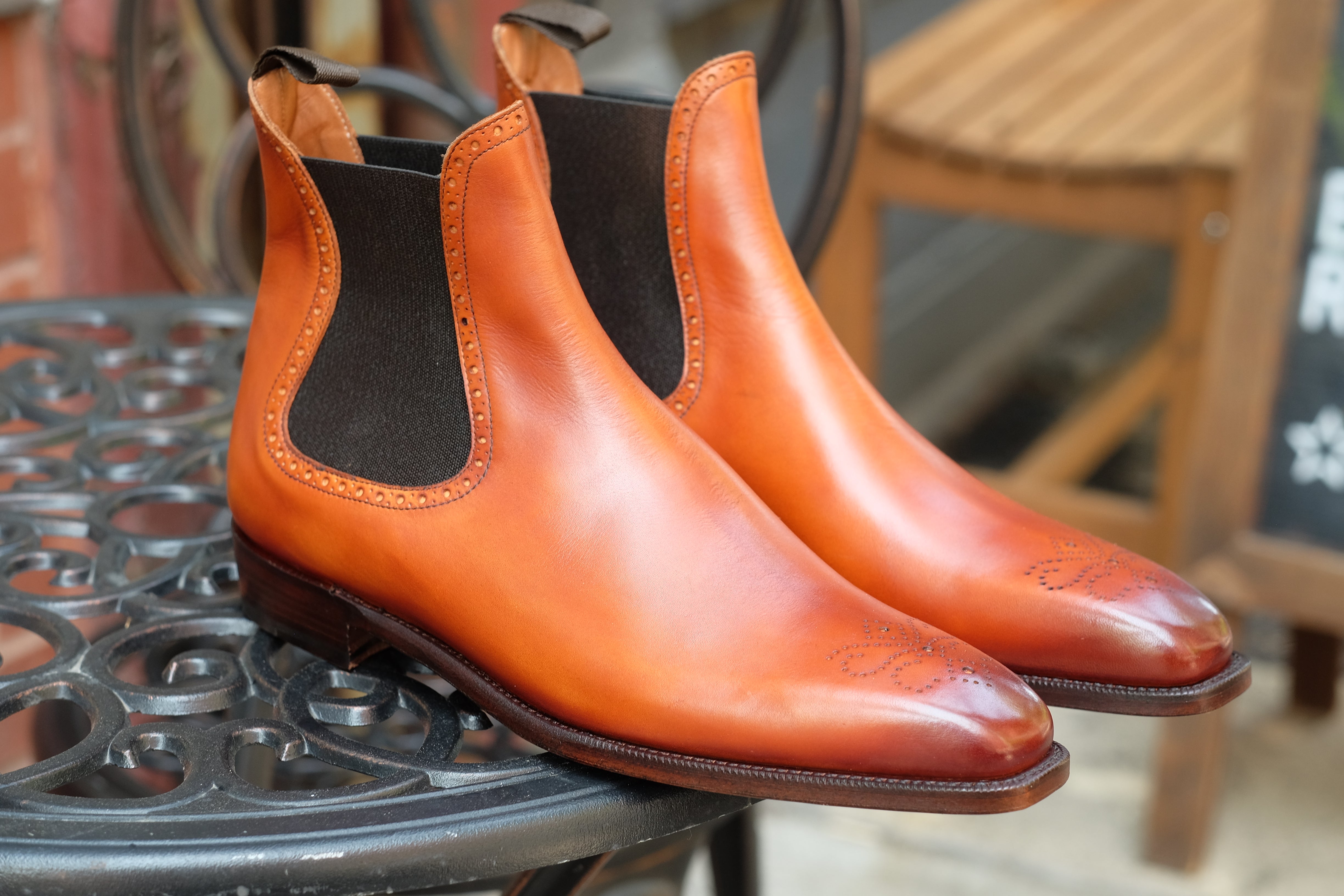 Pasco - MTO - Golden Tan Burnished - MGF Last - Single Leather Sole-Made To Order Chelsea Boot Medallion-J.FitzPatrick Footwear