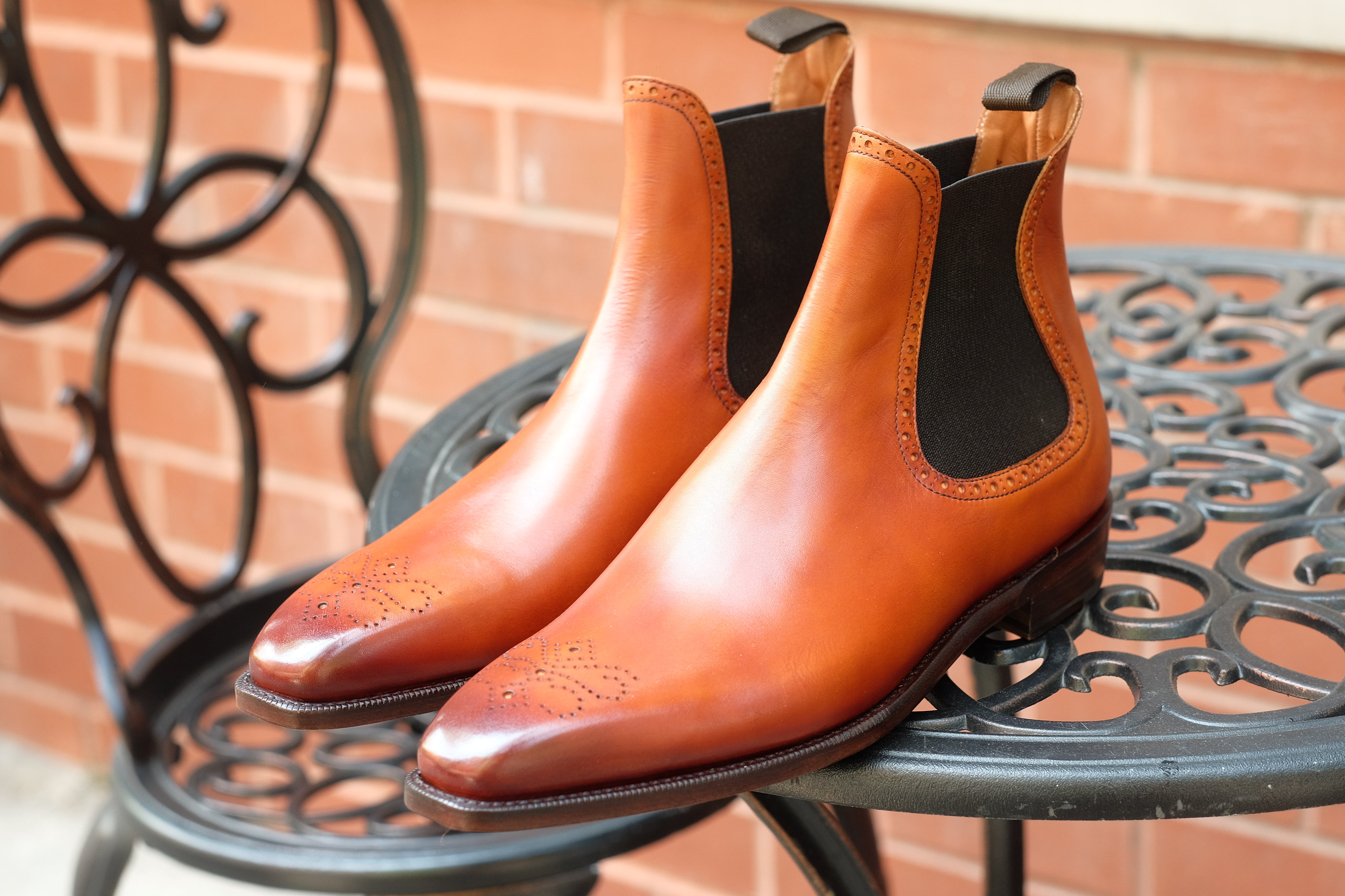 Pasco - MTO - Golden Tan Burnished - MGF Last - Single Leather Sole-Made To Order Chelsea Boot Medallion-J.FitzPatrick Footwear